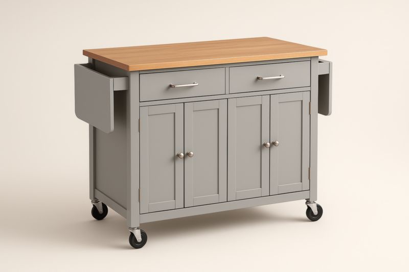 Chariot de Cuisine en Bois avec Plateau Supérieur, Gris avec 2 Tiroirs et 4 Portes, 120cm x 60cm x 90cm