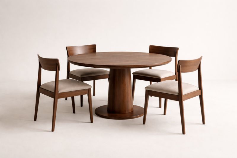 Ensemble Table Ronde en Bois massif avec Chaises en Tissu Beige