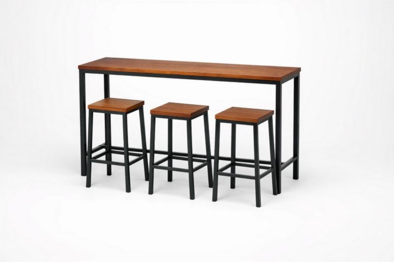 Ensemble table haute et tabourets en bois d'acacia massif et aluminium