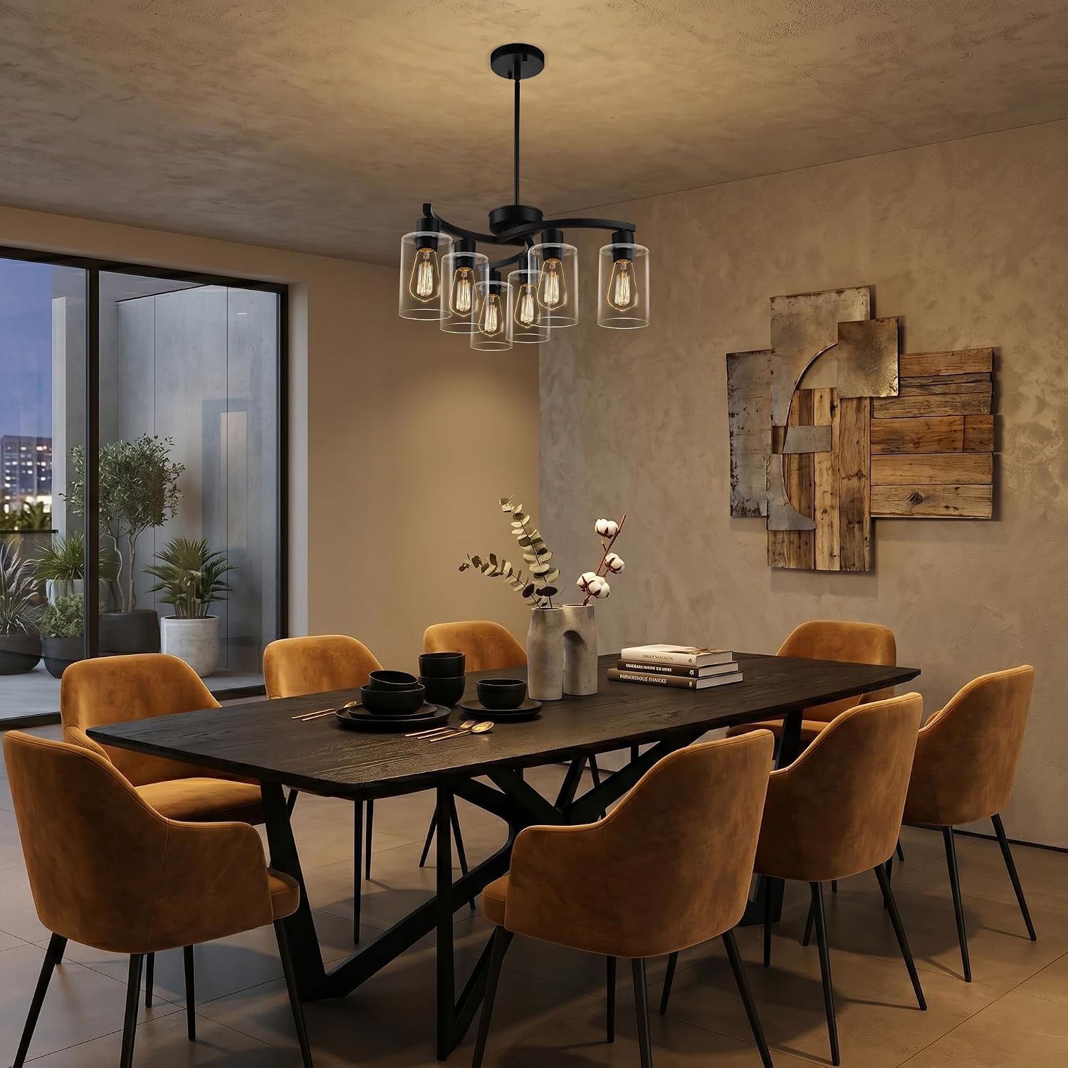 6-Light Modern Farmhouse Black Chandelier, Contemporary Dining Room Light Fixture, Adjustable Height Hanging Industrial Pendant Lights Kitchen Island, Clear Glass Shade