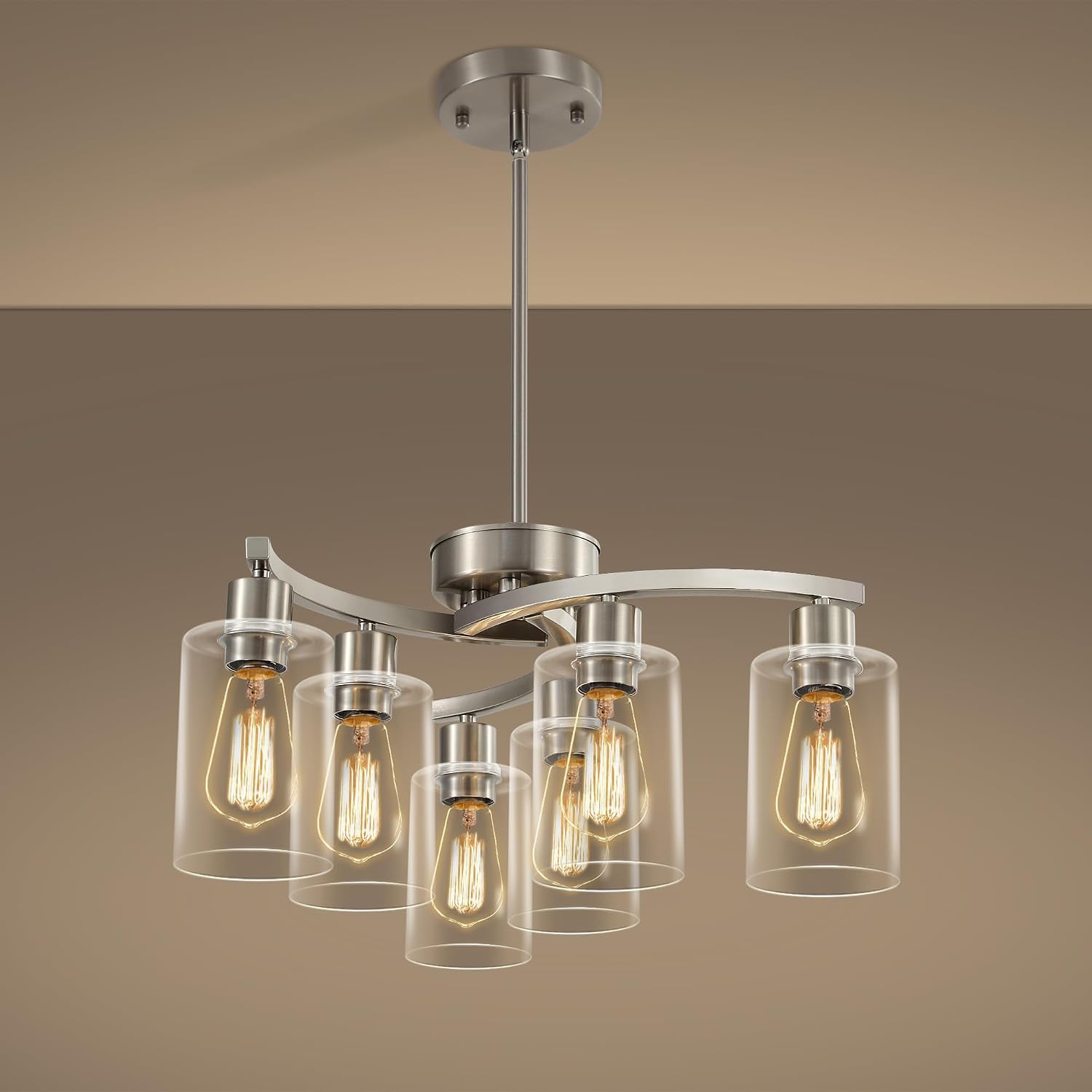 6-Light Modern Farmhouse Black Chandelier, Contemporary Dining Room Light Fixture, Adjustable Height Hanging Industrial Pendant Lights Kitchen Island, Clear Glass Shade