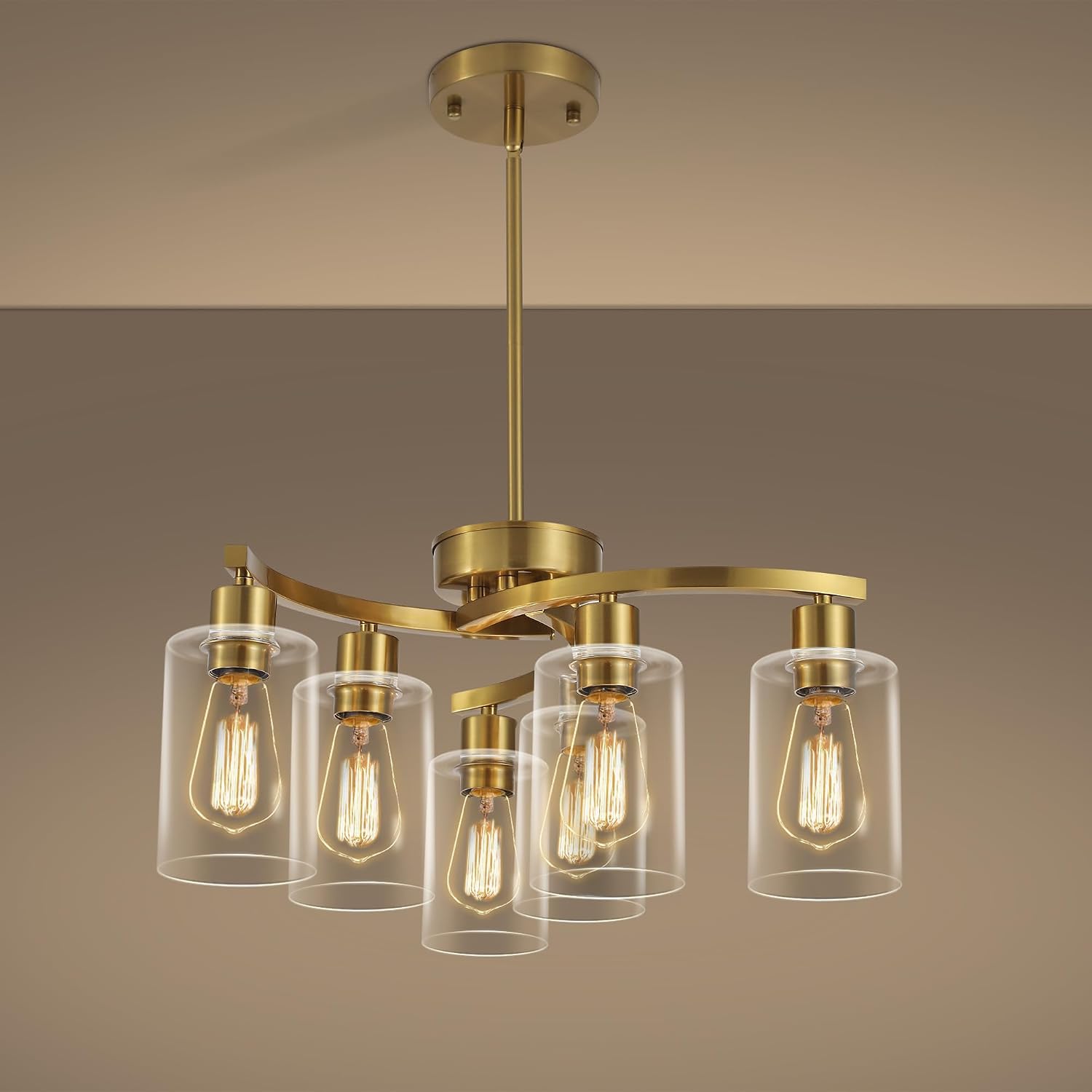 6-Light Modern Farmhouse Black Chandelier, Contemporary Dining Room Light Fixture, Adjustable Height Hanging Industrial Pendant Lights Kitchen Island, Clear Glass Shade