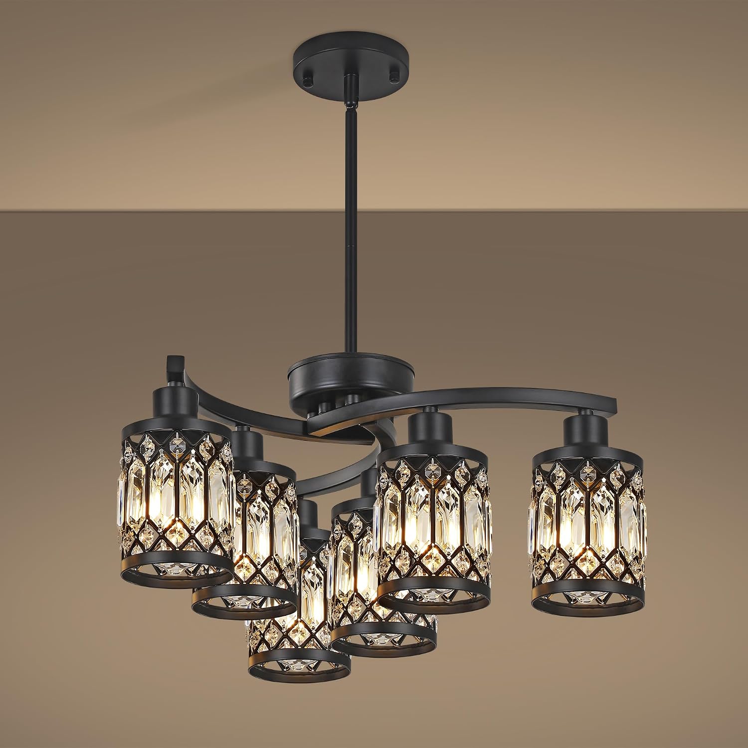 6-Light Modern Farmhouse Black Chandelier, Contemporary Dining Room Light Fixture, Adjustable Height Hanging Industrial Pendant Lights Kitchen Island, Clear Glass Shade
