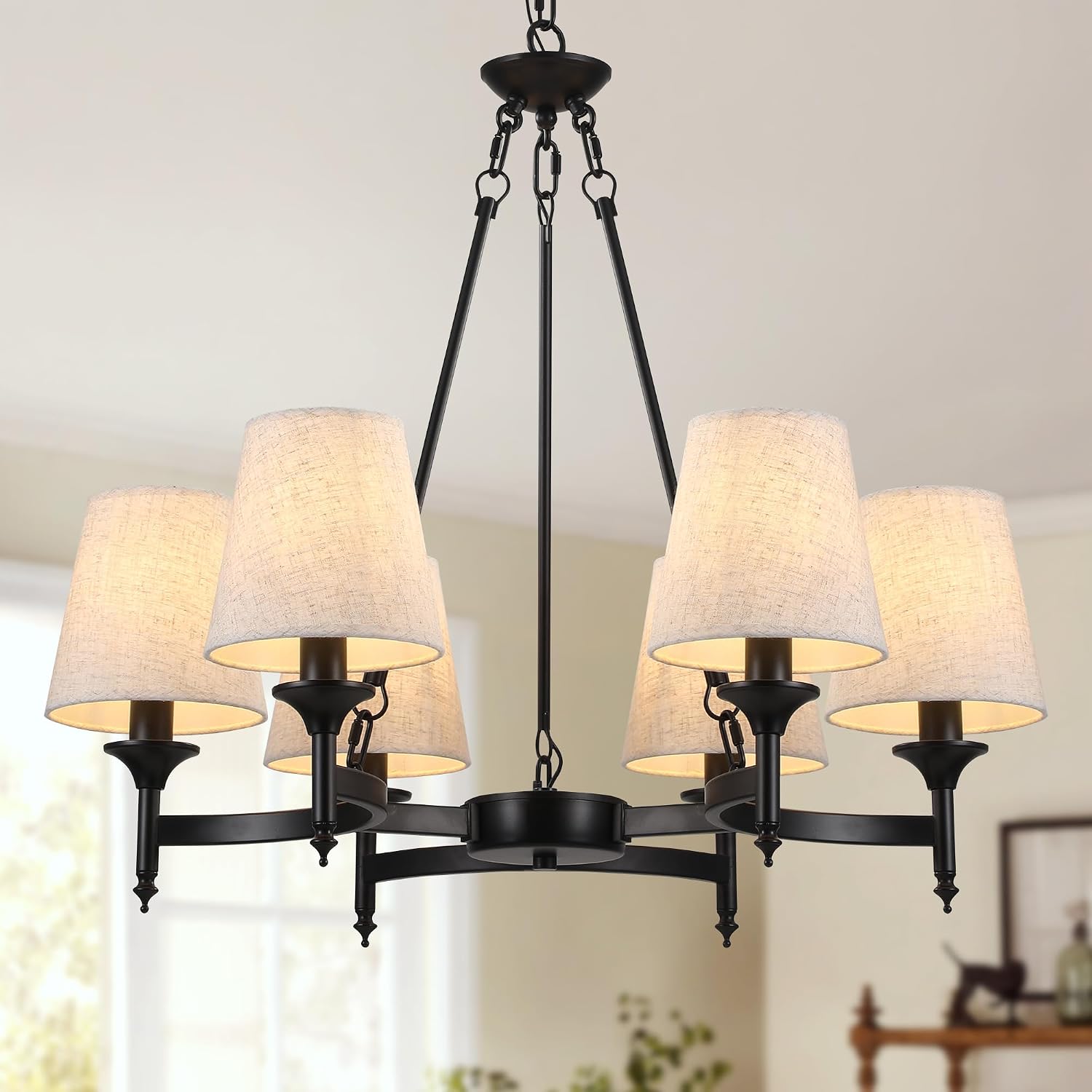 Black Chandeliers for Dining Room Light Fixtures Over Table, 6-Light Modern Farmhouse Round Chandelier with Linen Shades, Vintage Hanging Pendant Lighting for Kitchen Bedroom Living Room