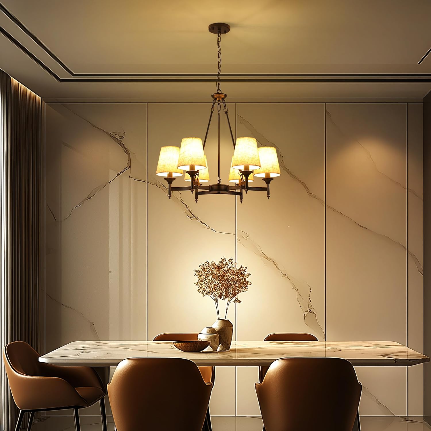 Black Chandeliers for Dining Room Light Fixtures Over Table, 6-Light Modern Farmhouse Round Chandelier with Linen Shades, Vintage Hanging Pendant Lighting for Kitchen Bedroom Living Room
