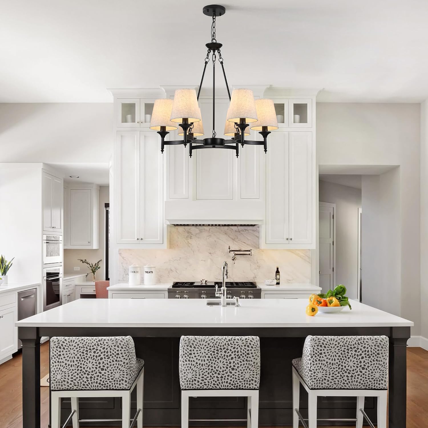 Black Chandeliers for Dining Room Light Fixtures Over Table, 6-Light Modern Farmhouse Round Chandelier with Linen Shades, Vintage Hanging Pendant Lighting for Kitchen Bedroom Living Room