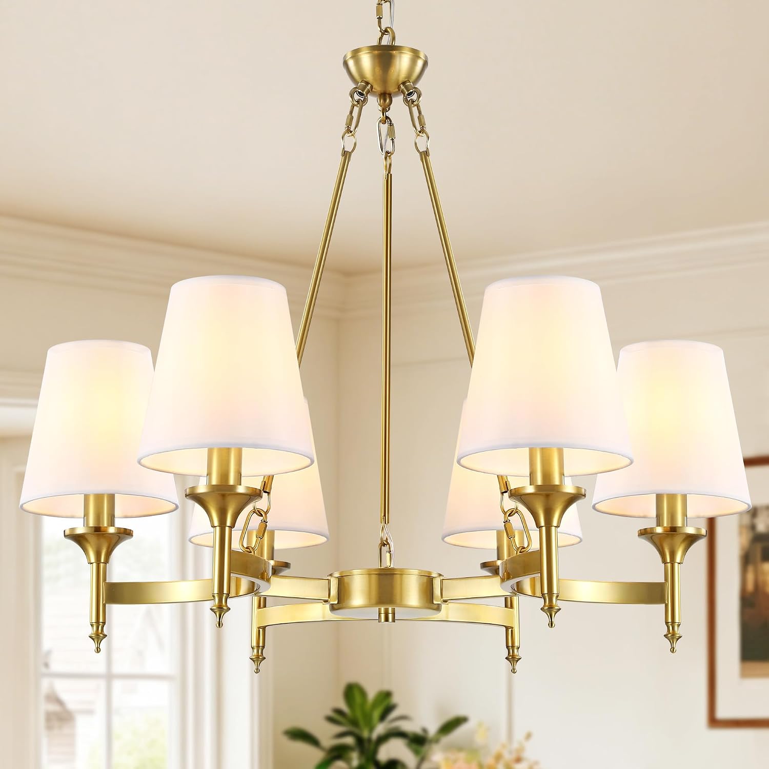 Black Chandeliers for Dining Room Light Fixtures Over Table, 6-Light Modern Farmhouse Round Chandelier with Linen Shades, Vintage Hanging Pendant Lighting for Kitchen Bedroom Living Room