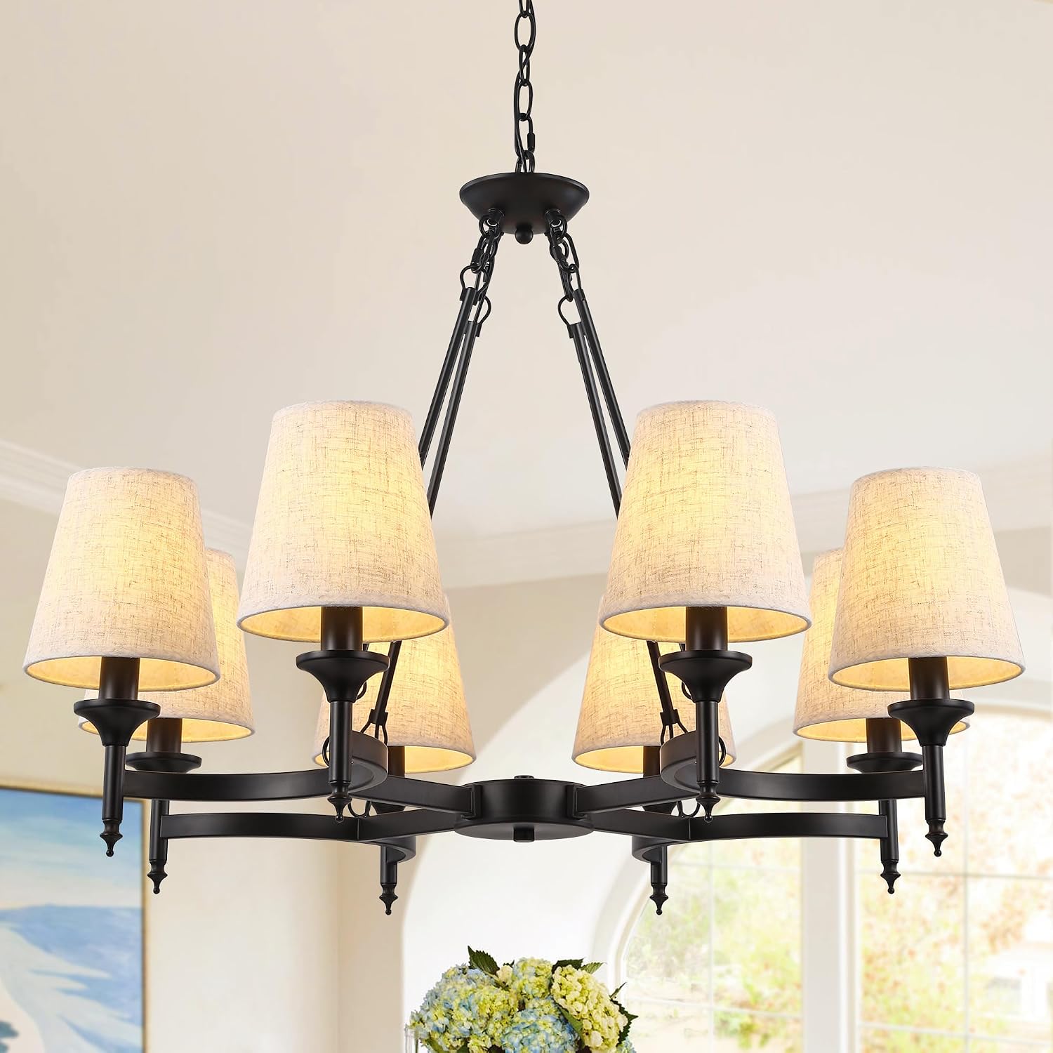 Large Black Chandeliers for Dining Room Light Fixture, 8-Light Modern Farmhouse Kitchen Chandeliers Over Table with Linen Shades, Rustic Lighting Fixture for Living Room Entryway Stairwell