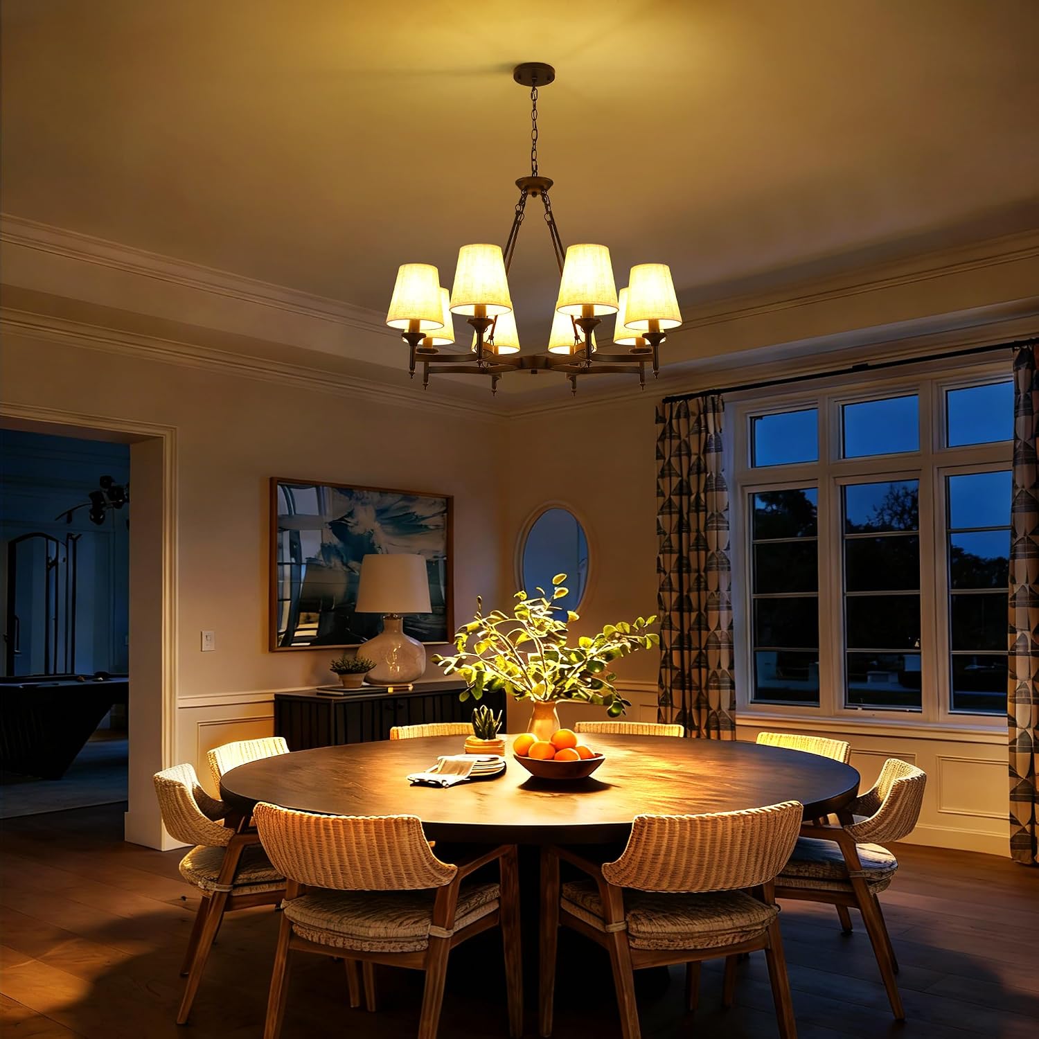 Large Black Chandeliers for Dining Room Light Fixture, 8-Light Modern Farmhouse Kitchen Chandeliers Over Table with Linen Shades, Rustic Lighting Fixture for Living Room Entryway Stairwell
