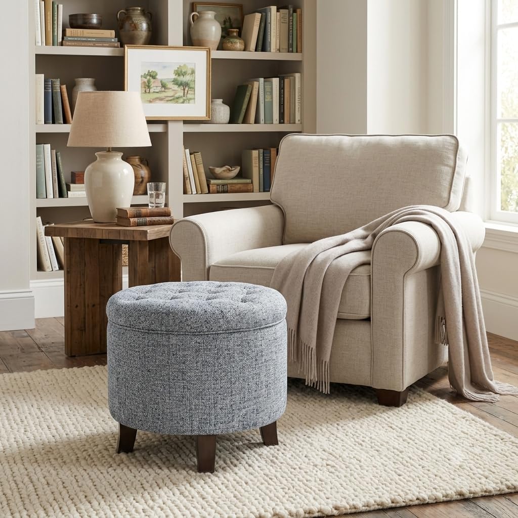 Button Tufted Round Storage Ottoman