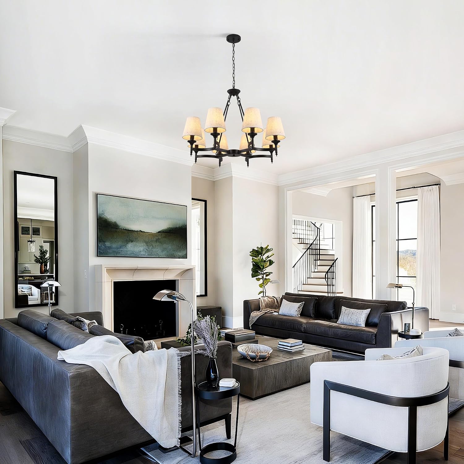 Large Black Chandeliers for Dining Room Light Fixture, 8-Light Modern Farmhouse Kitchen Chandeliers Over Table with Linen Shades, Rustic Lighting Fixture for Living Room Entryway Stairwell