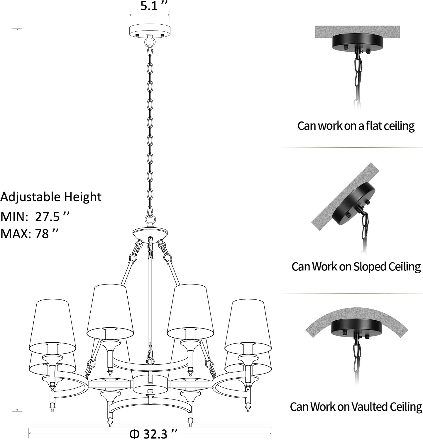 Large Black Chandeliers for Dining Room Light Fixture, 8-Light Modern Farmhouse Kitchen Chandeliers Over Table with Linen Shades, Rustic Lighting Fixture for Living Room Entryway Stairwell