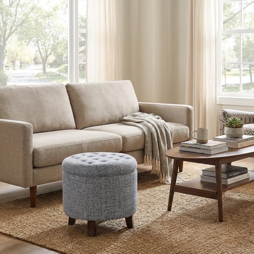 Button Tufted Round Storage Ottoman