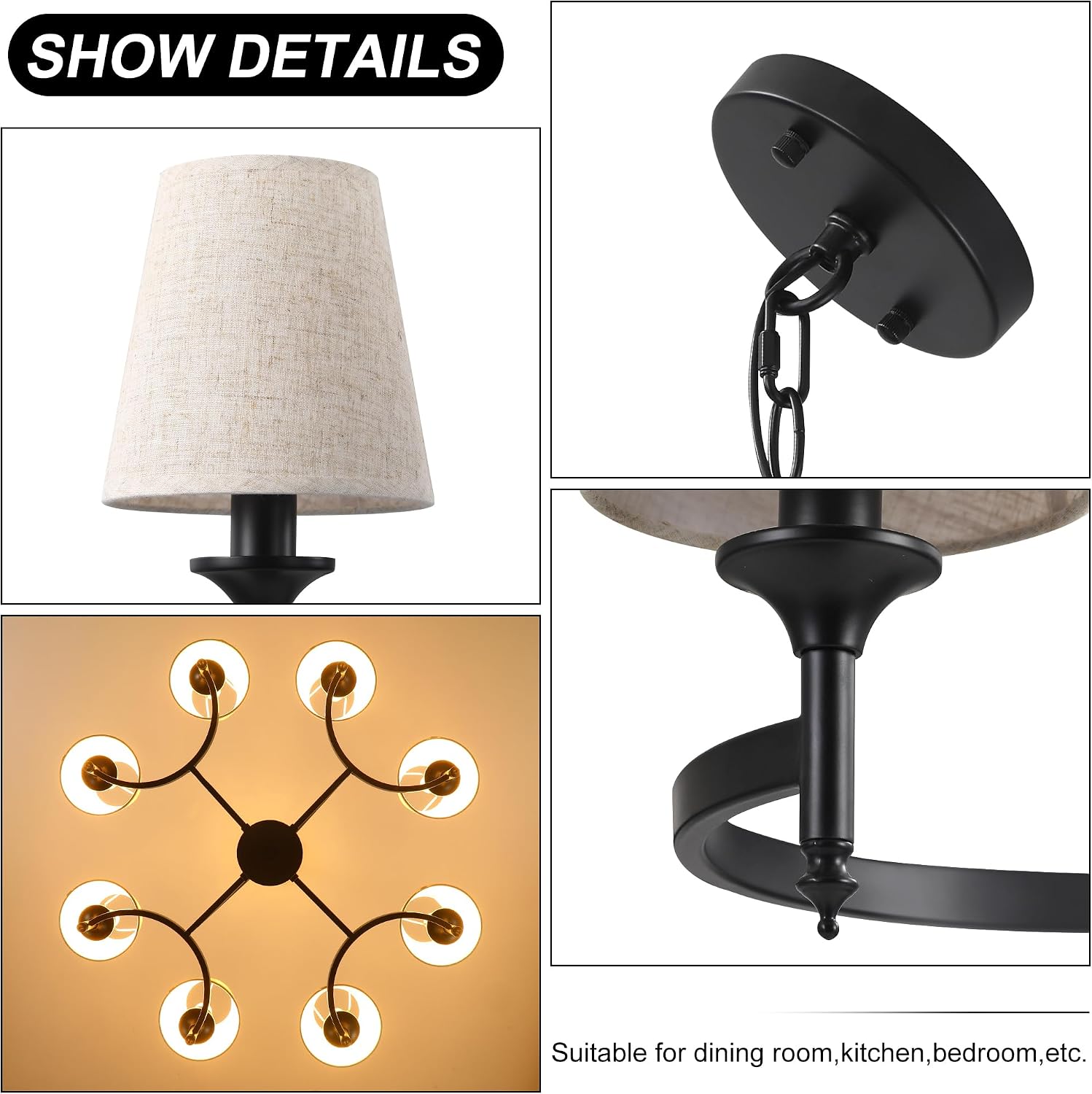 Large Black Chandeliers for Dining Room Light Fixture, 8-Light Modern Farmhouse Kitchen Chandeliers Over Table with Linen Shades, Rustic Lighting Fixture for Living Room Entryway Stairwell
