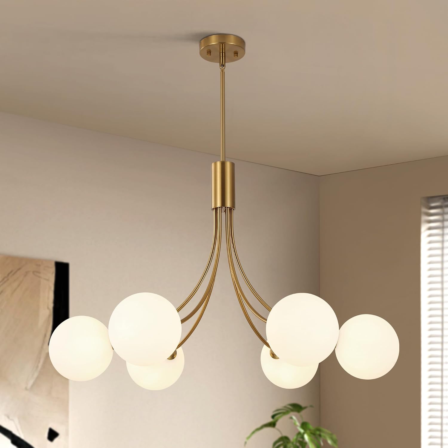 6-Light Modern Farmhouse Gold Chandeliers for Dining Room Light Fixture, Mid Century Hanging Sputnik Chandelier for Living Room Kitchen Island Bedroom Foyer