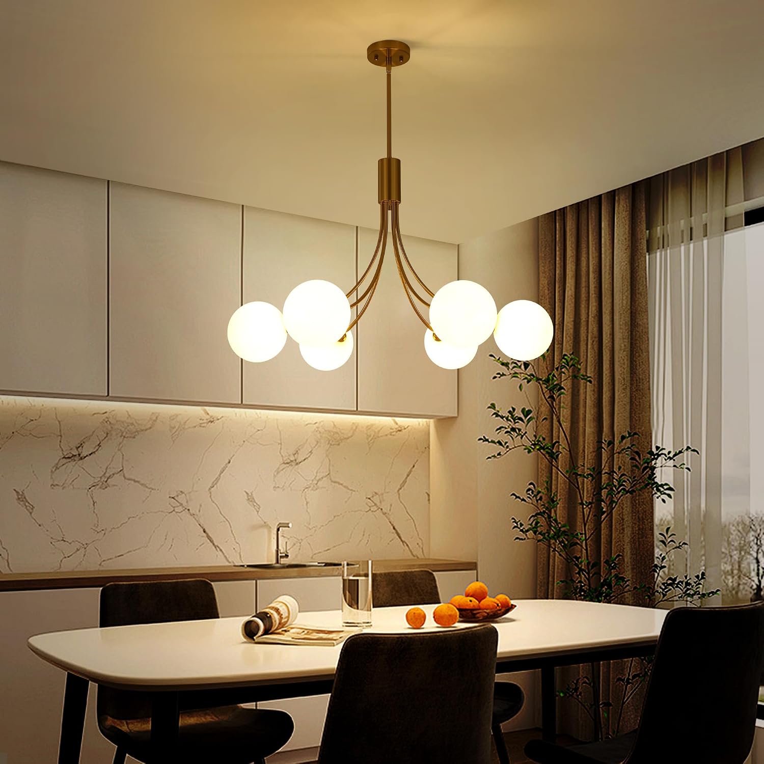 6-Light Modern Farmhouse Gold Chandeliers for Dining Room Light Fixture, Mid Century Hanging Sputnik Chandelier for Living Room Kitchen Island Bedroom Foyer