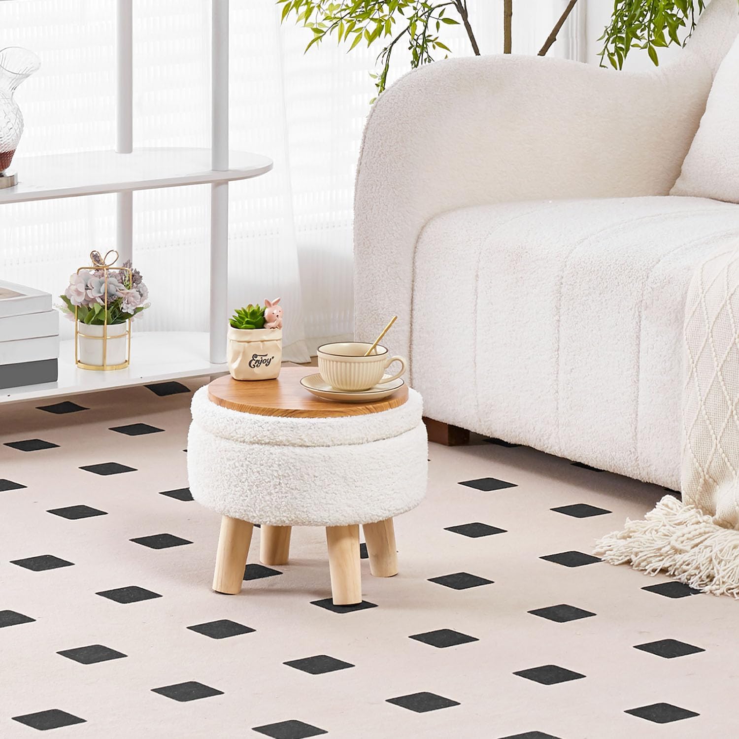 Storage Ottoman, Modern Round Footrest with Soft Padded Seat, Teddy Velvet Footstool with Wood Legs