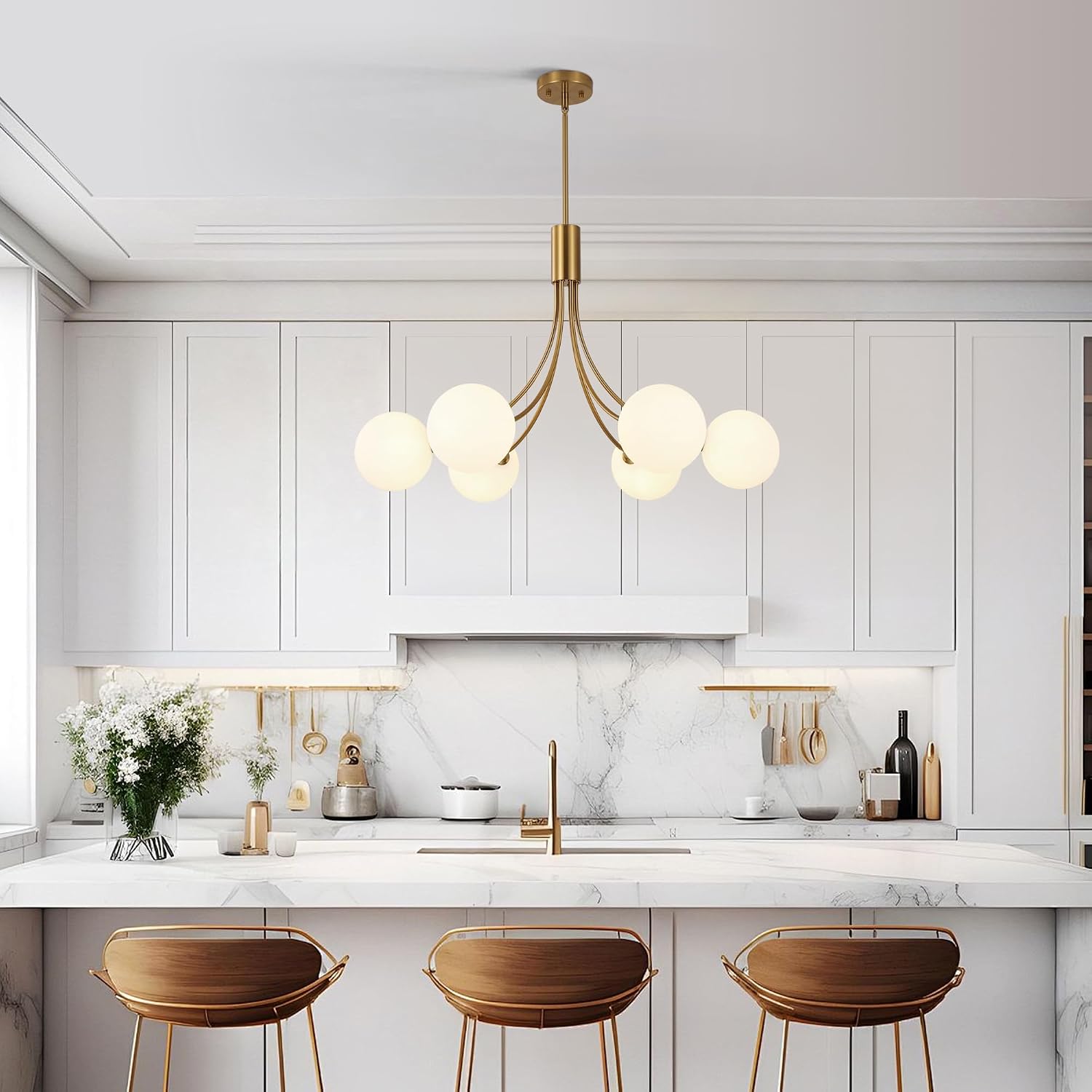 6-Light Modern Farmhouse Gold Chandeliers for Dining Room Light Fixture, Mid Century Hanging Sputnik Chandelier for Living Room Kitchen Island Bedroom Foyer