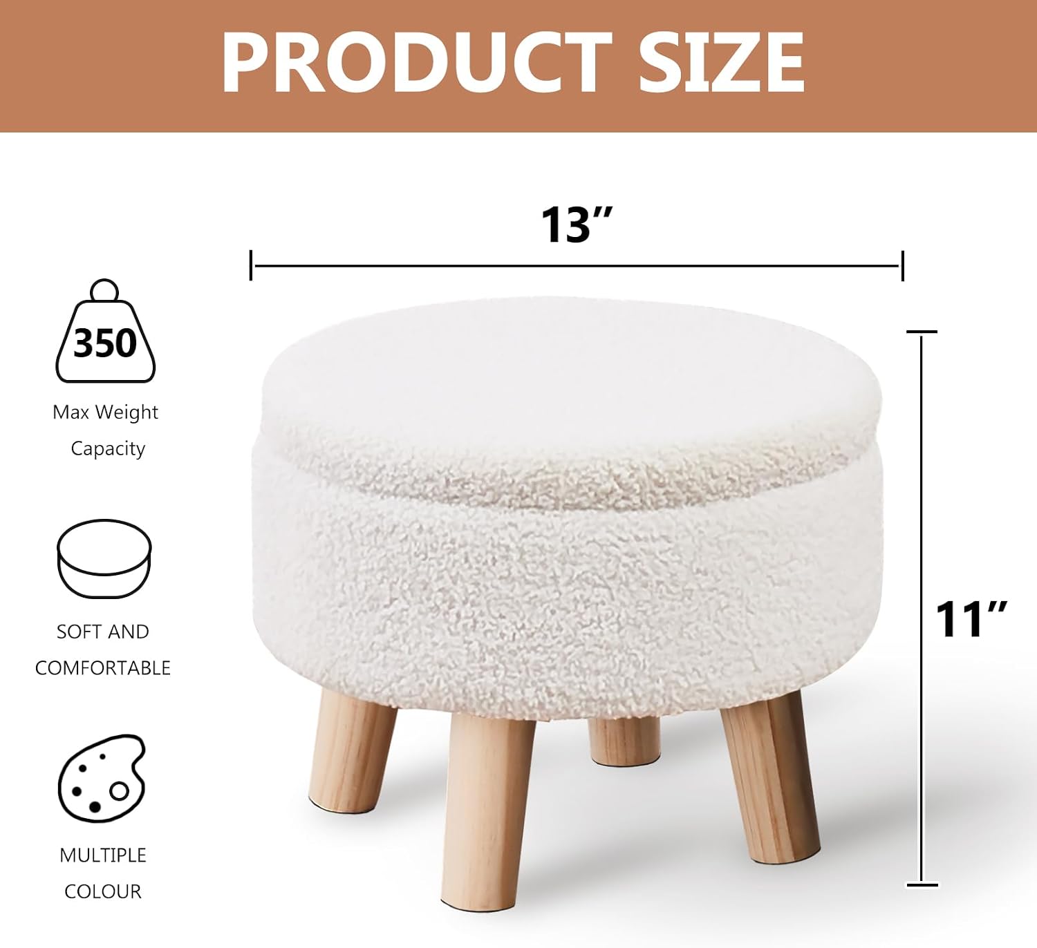 Storage Ottoman, Modern Round Footrest with Soft Padded Seat, Teddy Velvet Footstool with Wood Legs