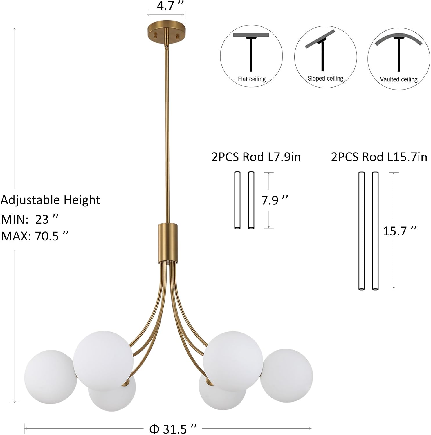6-Light Modern Farmhouse Gold Chandeliers for Dining Room Light Fixture, Mid Century Hanging Sputnik Chandelier for Living Room Kitchen Island Bedroom Foyer