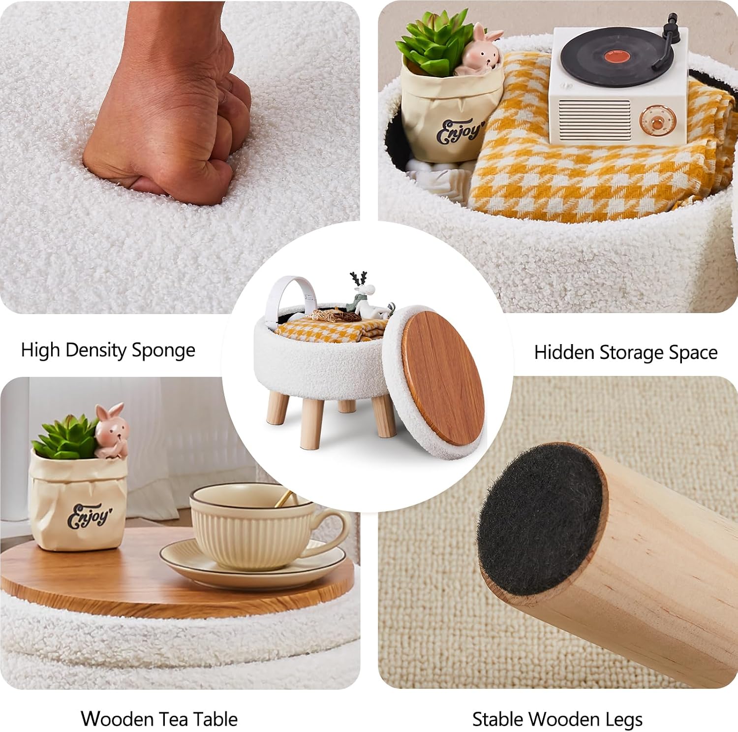 Storage Ottoman, Modern Round Footrest with Soft Padded Seat, Teddy Velvet Footstool with Wood Legs