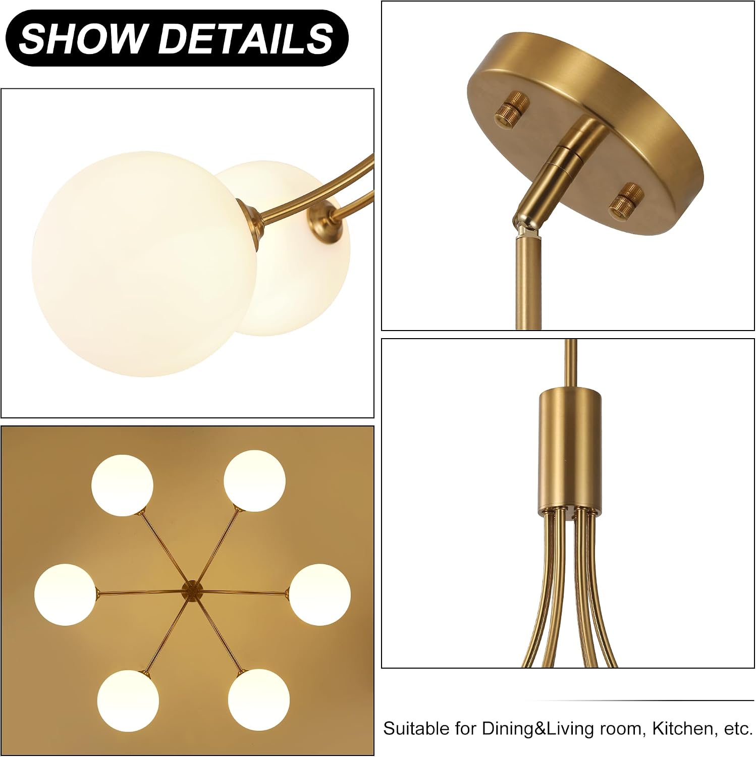 6-Light Modern Farmhouse Gold Chandeliers for Dining Room Light Fixture, Mid Century Hanging Sputnik Chandelier for Living Room Kitchen Island Bedroom Foyer