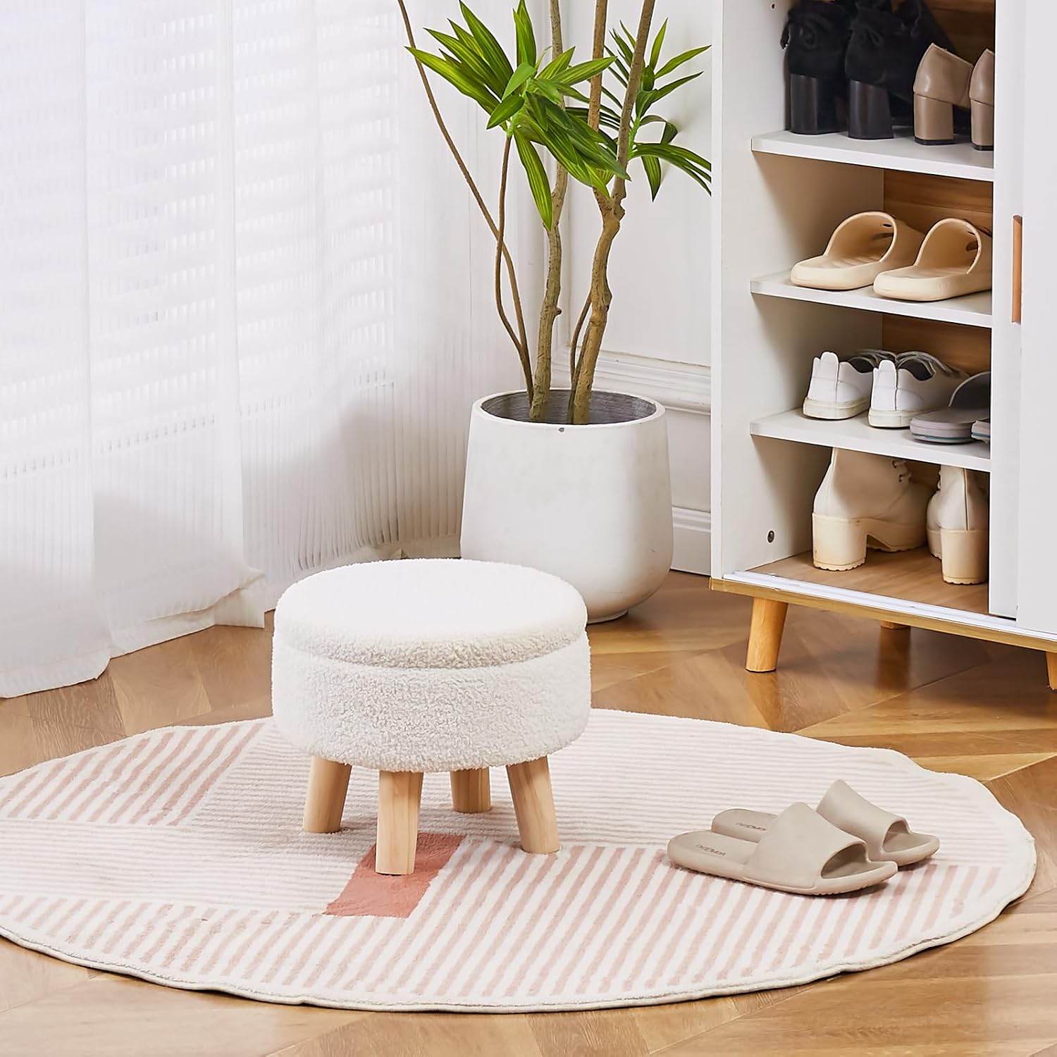 Storage Ottoman, Modern Round Footrest with Soft Padded Seat, Teddy Velvet Footstool with Wood Legs