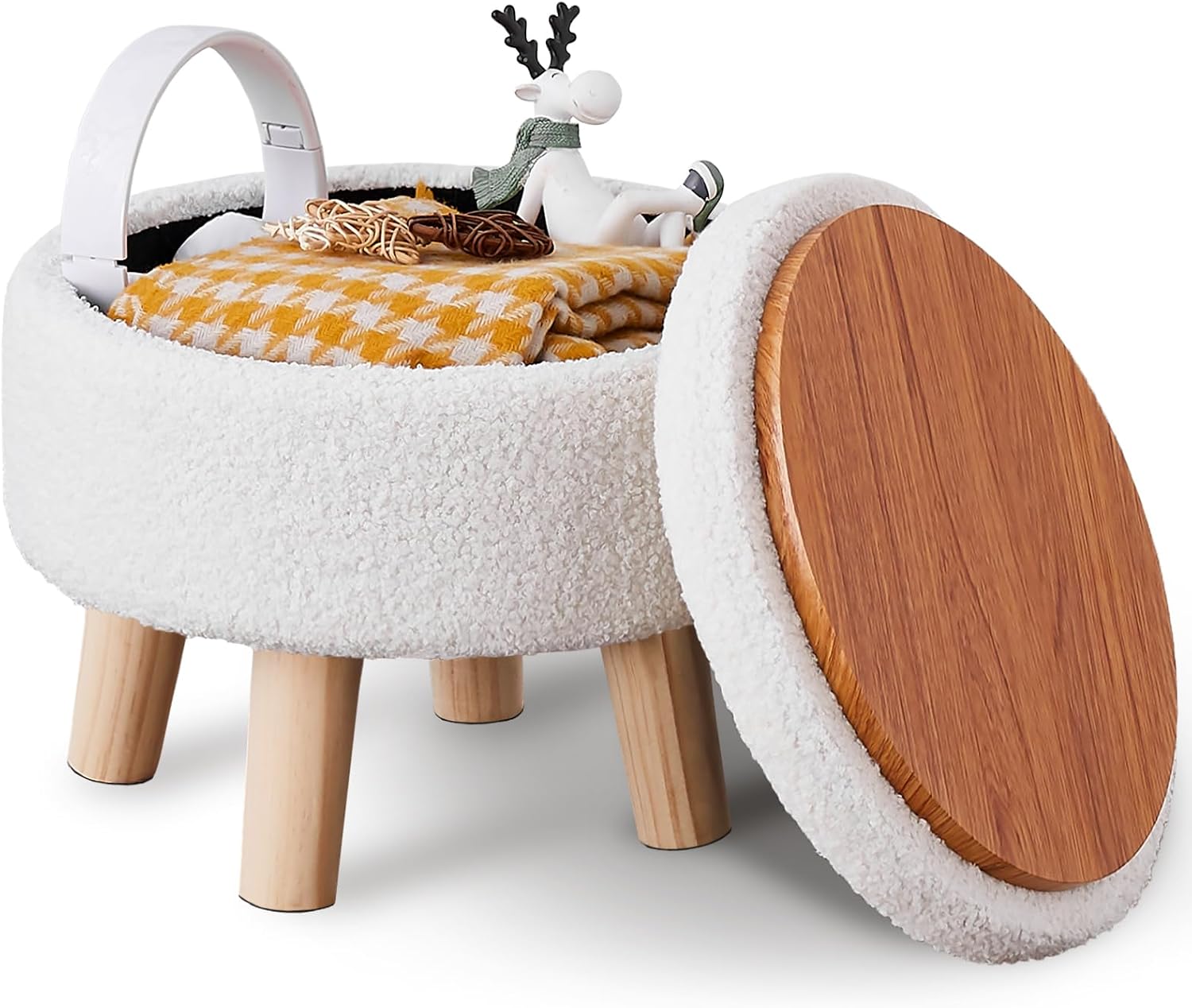 Storage Ottoman, Modern Round Footrest with Soft Padded Seat, Teddy Velvet Footstool with Wood Legs