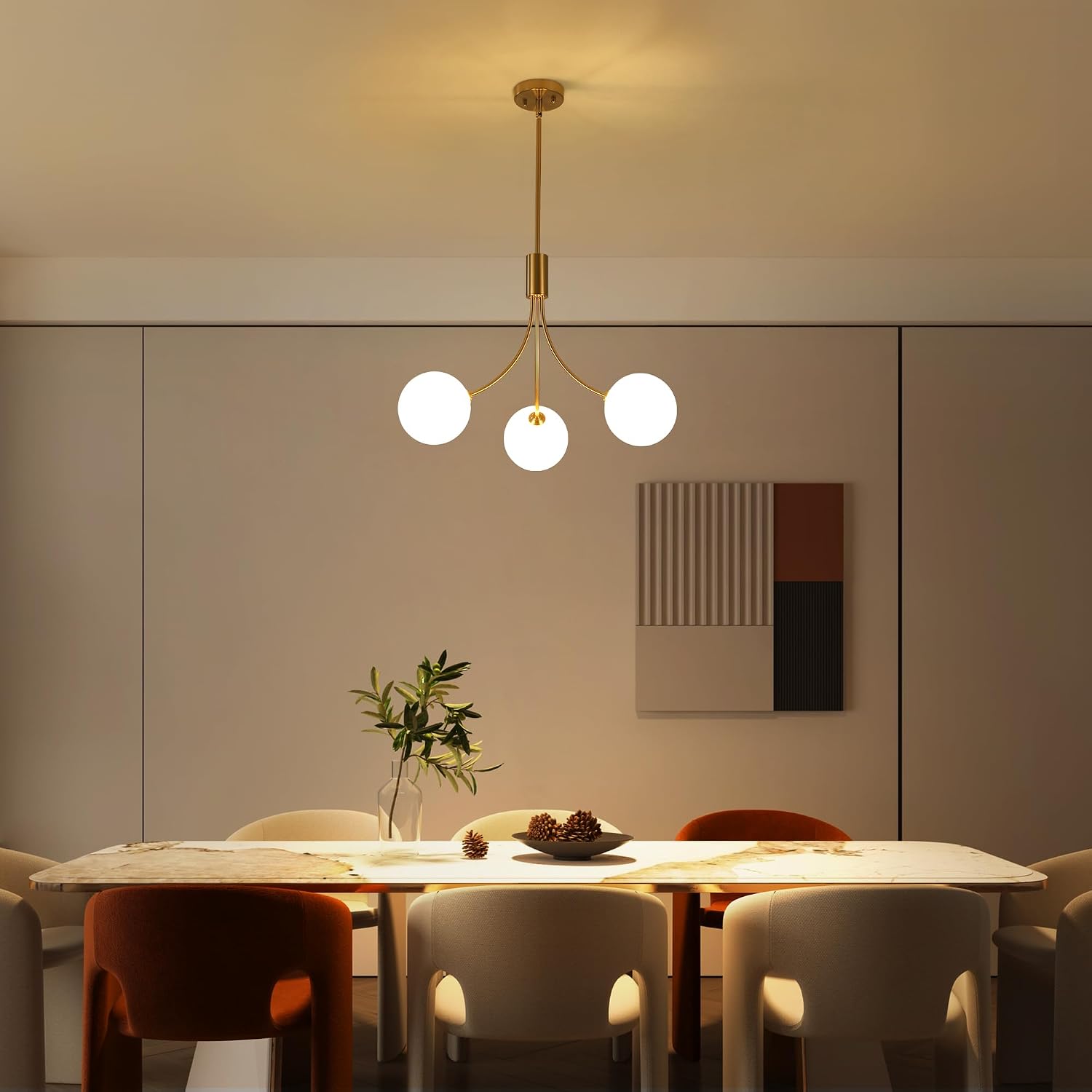 3-Light Brushed Nickel Chandelier Milk Globe Glass Pendant Lights Kitchen Island, Modern Sputnik Globe Chandeliers for Dining Room Entryway Hallway Foyer Bedroom Office Bathroom