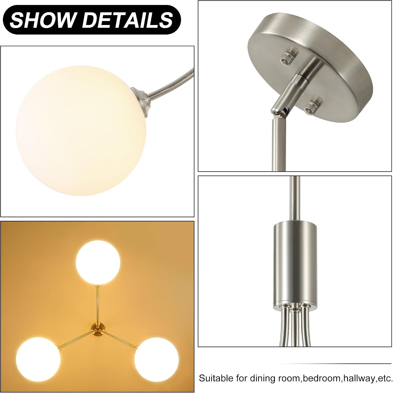3-Light Brushed Nickel Chandelier Milk Globe Glass Pendant Lights Kitchen Island, Modern Sputnik Globe Chandeliers for Dining Room Entryway Hallway Foyer Bedroom Office Bathroom