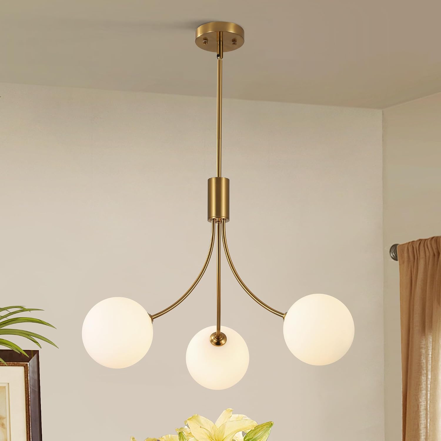 3-Light Brushed Nickel Chandelier Milk Globe Glass Pendant Lights Kitchen Island, Modern Sputnik Globe Chandeliers for Dining Room Entryway Hallway Foyer Bedroom Office Bathroom