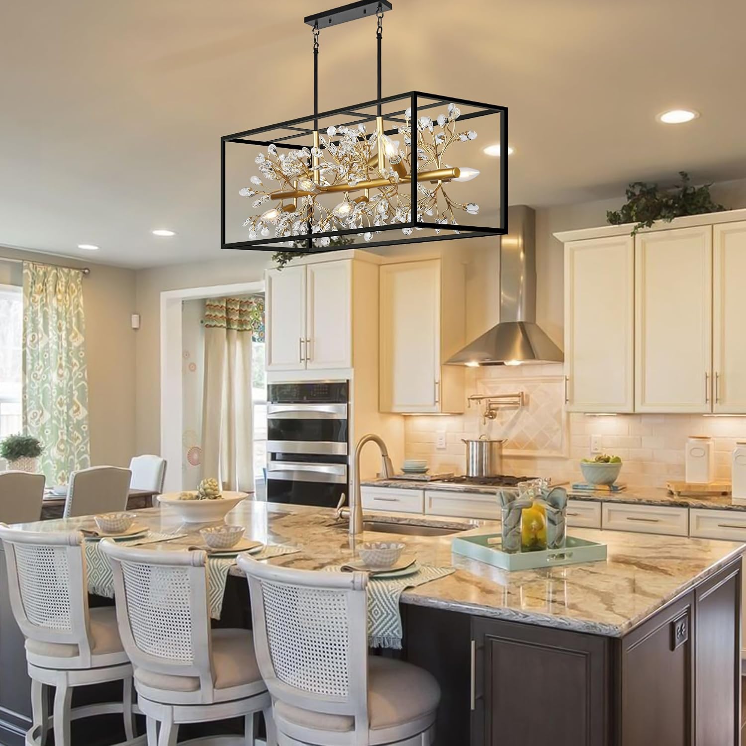 8-Light Modern Farmhouse Dining Room Light Fixtures Over Table, Crystal Chandeliers for Kitchen Island Pool Table Room