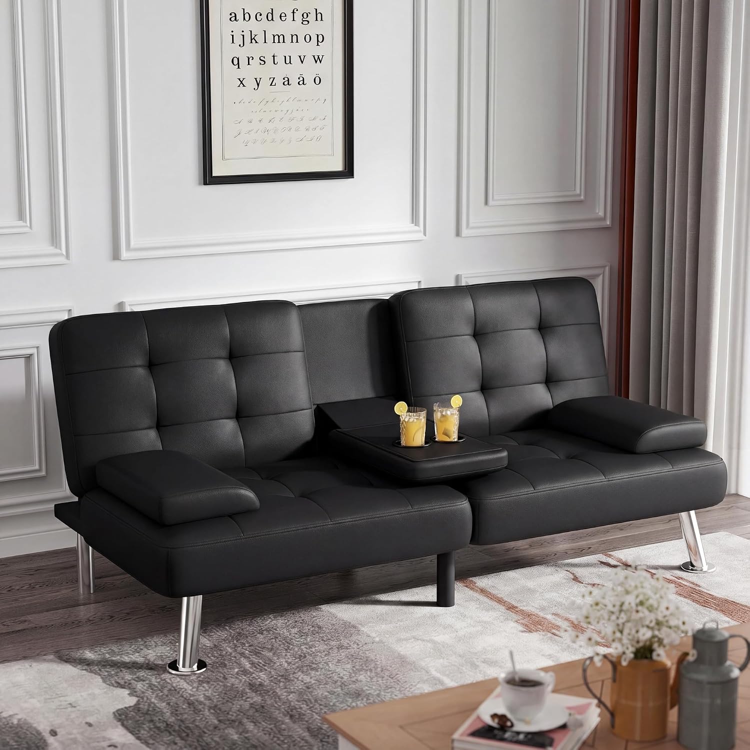 Sofa Bed,Faux Leather Convertible Loveseat Couch