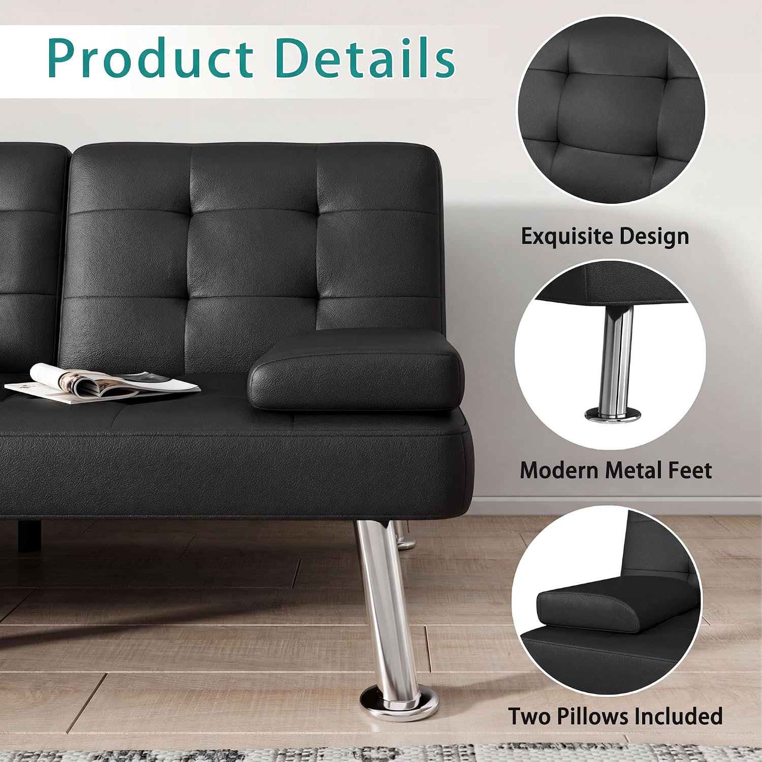 Sofa Bed,Faux Leather Convertible Loveseat Couch