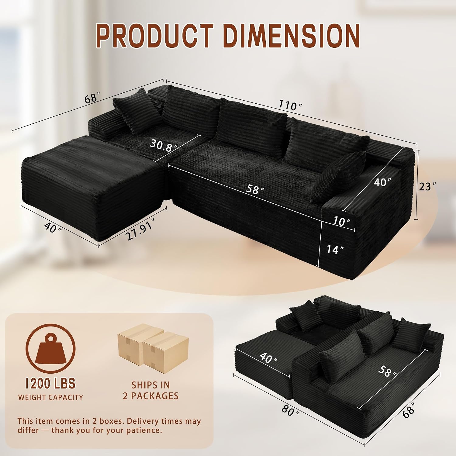 Boneless Modular Sectional Sofa with Chaise, L-Shaped Comfy Corduroy Fluffy Couch with Deep Seat and Side Pockets