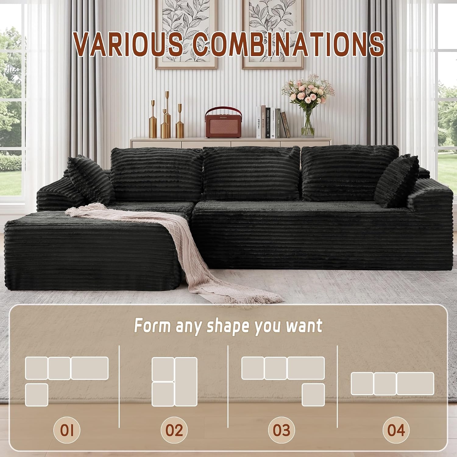 Boneless Modular Sectional Sofa with Chaise, L-Shaped Comfy Corduroy Fluffy Couch with Deep Seat and Side Pockets