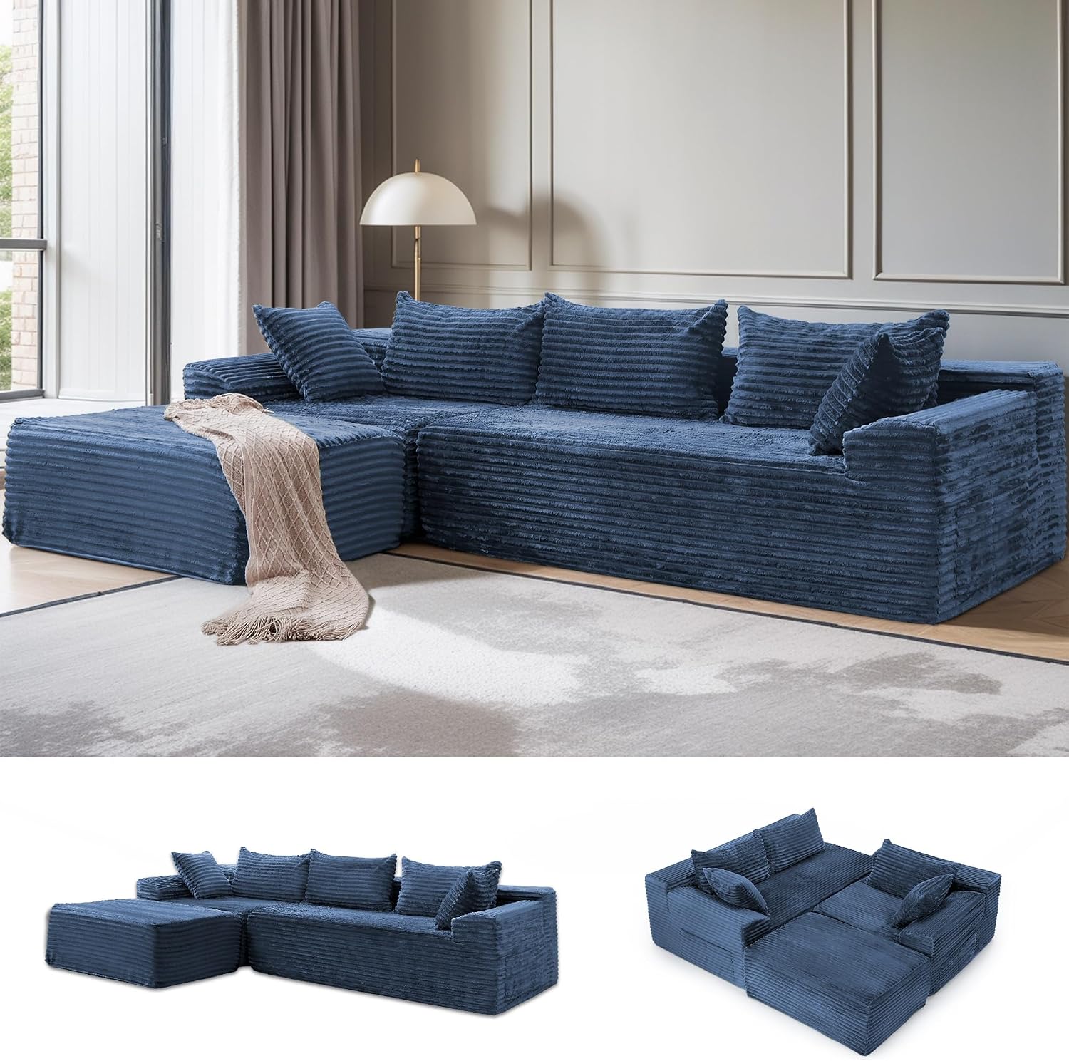 Boneless Modular Sectional Sofa with Chaise, L-Shaped Comfy Corduroy Fluffy Couch with Deep Seat and Side Pockets