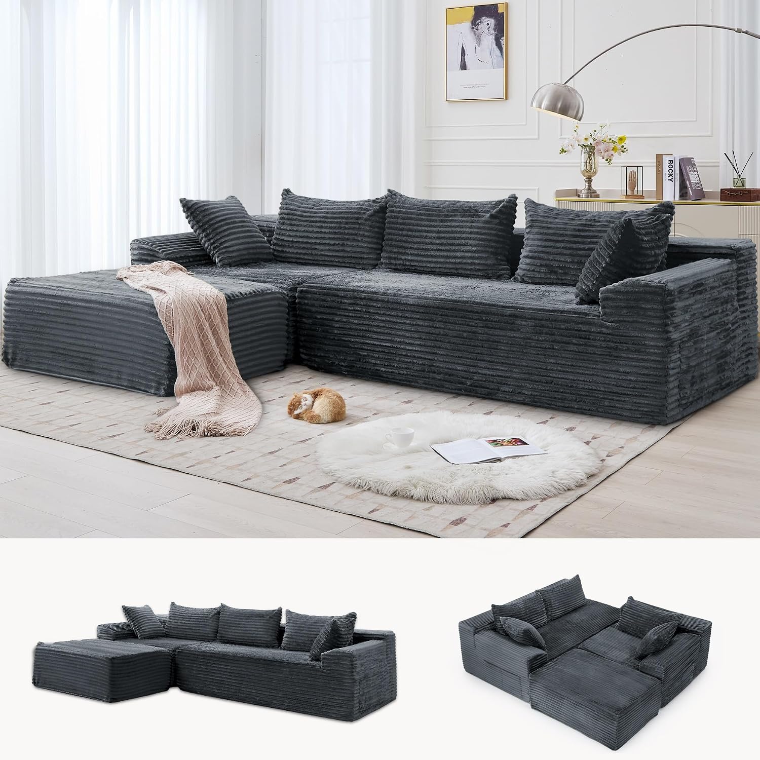 Boneless Modular Sectional Sofa with Chaise, L-Shaped Comfy Corduroy Fluffy Couch with Deep Seat and Side Pockets