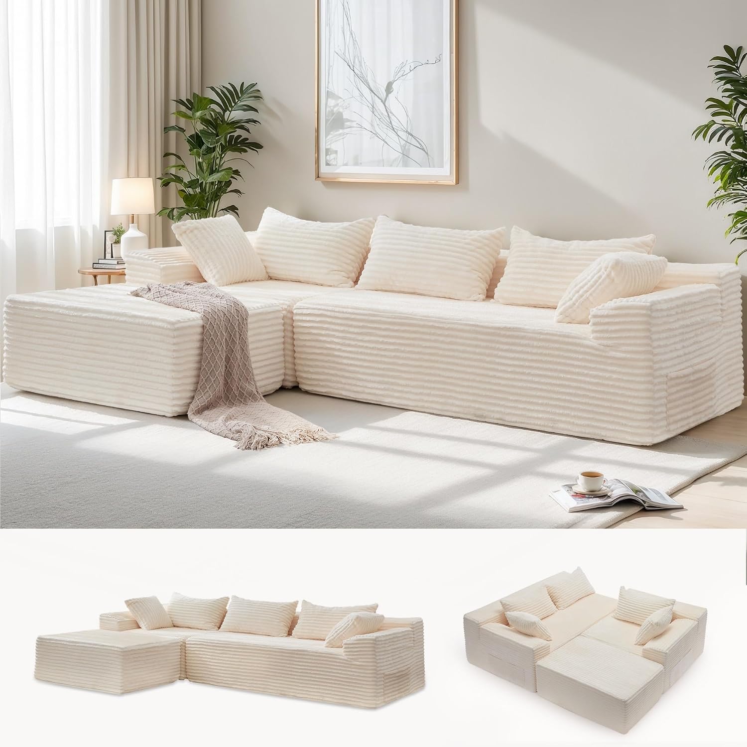 Boneless Modular Sectional Sofa with Chaise, L-Shaped Comfy Corduroy Fluffy Couch with Deep Seat and Side Pockets