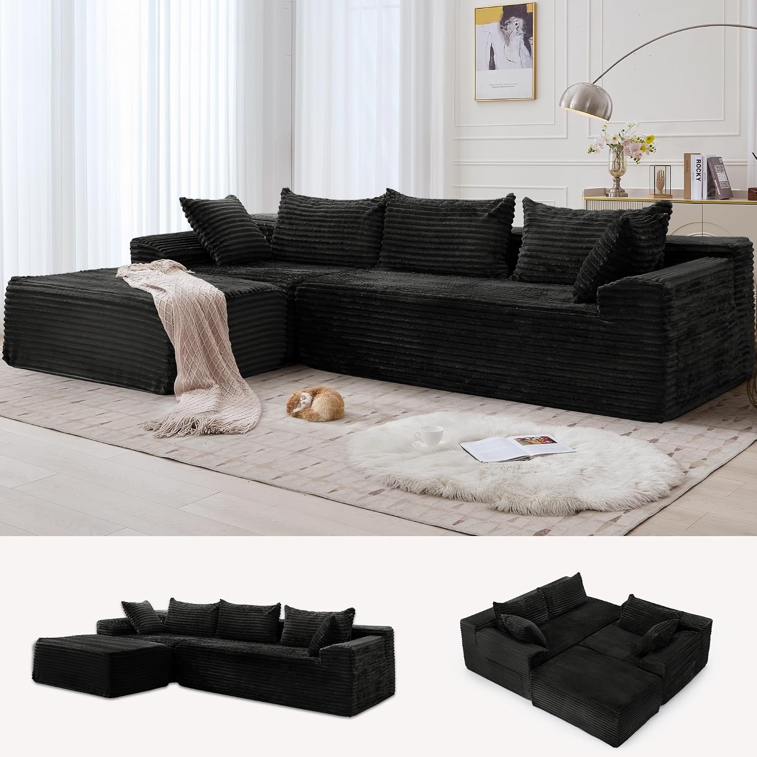 Boneless Modular Sectional Sofa with Chaise, L-Shaped Comfy Corduroy Fluffy Couch with Deep Seat and Side Pockets