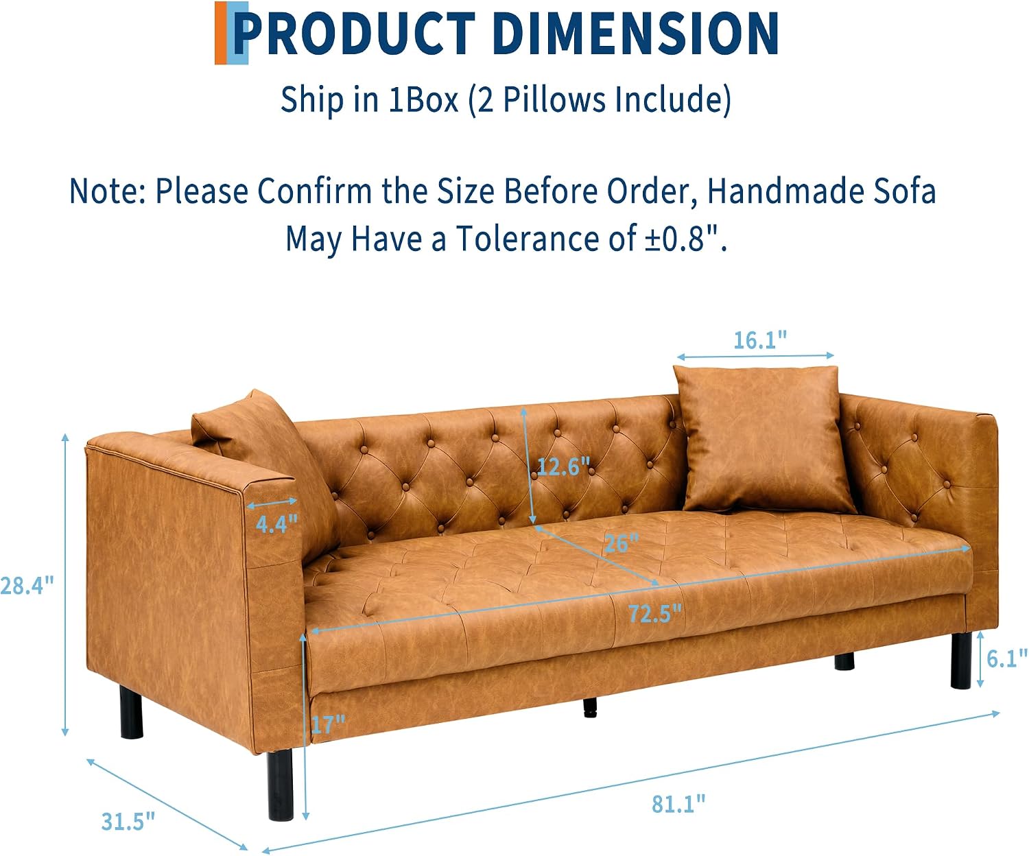  Modern Leather Sofa,3 Seater Couch with Deep Seat