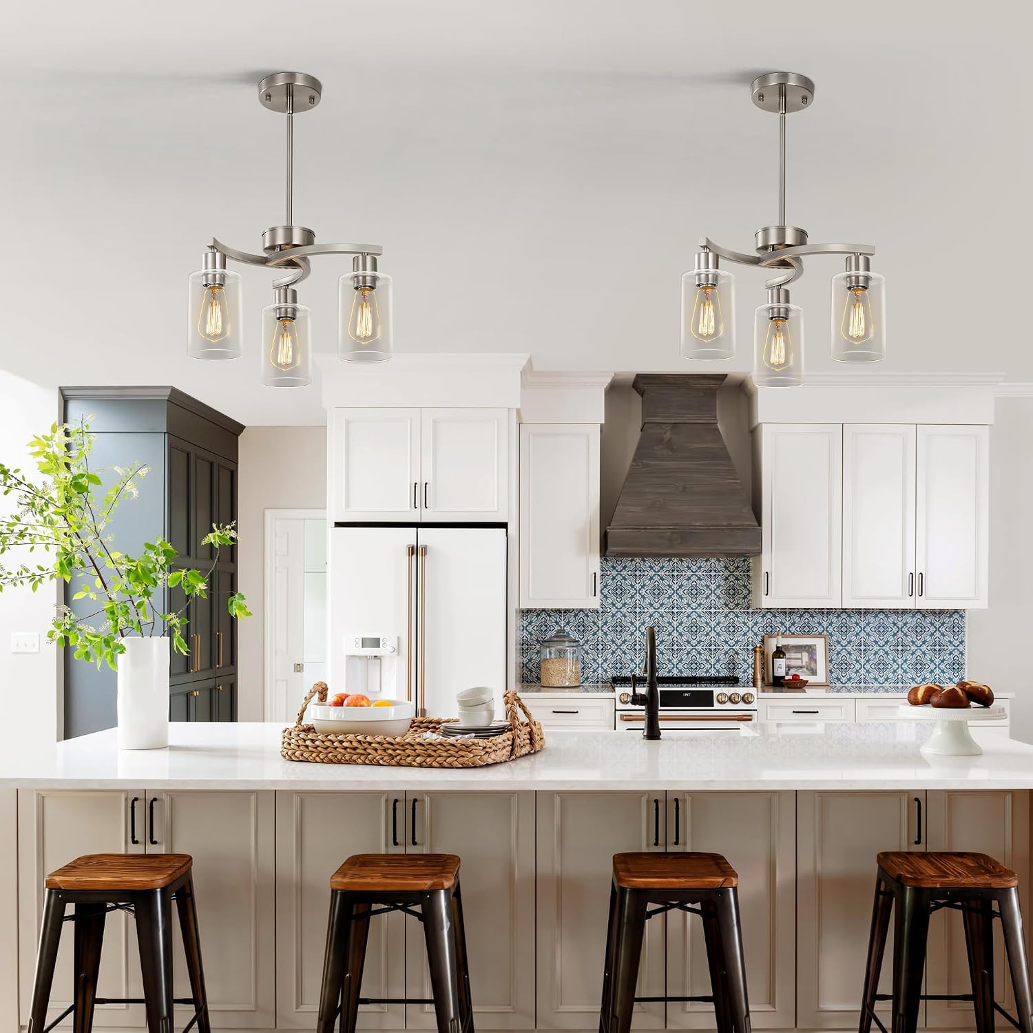 3-Light Brushed Nickel Pendant Lighting for Kitchen Island, Hanging Dining Room Light Fixtures Over Table, Industrial Chandelier for Entryway Hallway Foyer Bedroom, Clear Glass Shade