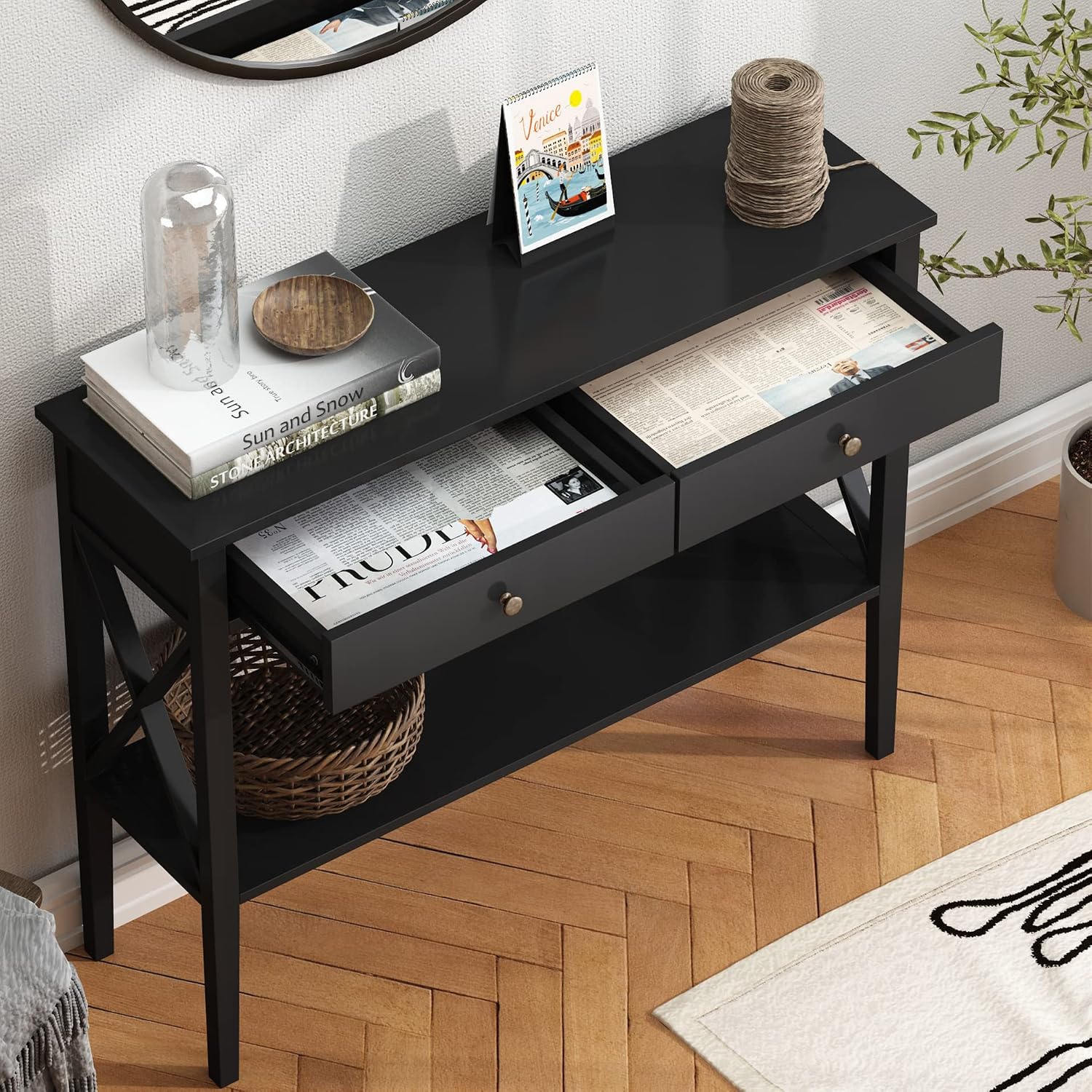 Entryway Table with Drawers and Storage Shelf