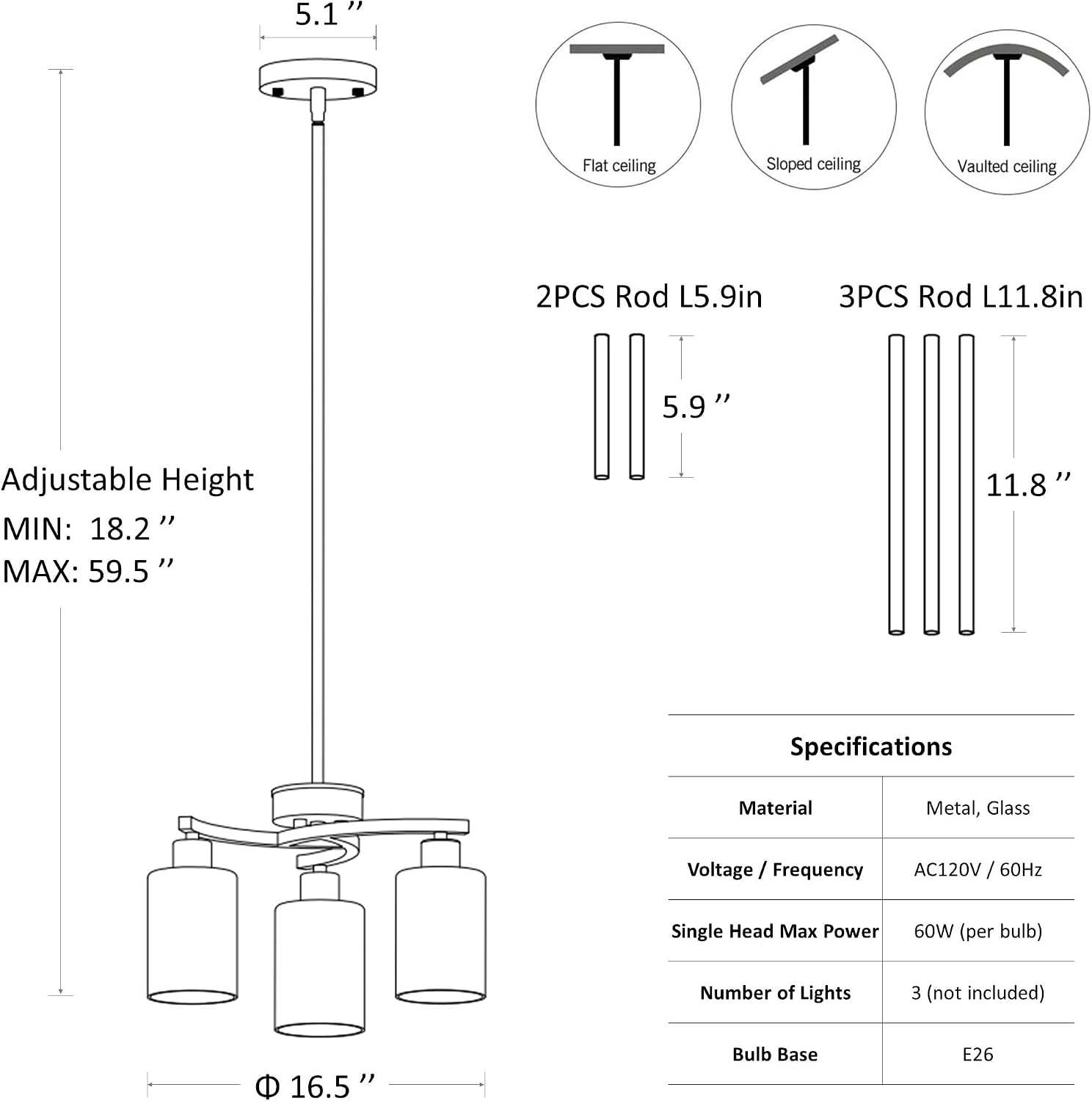 3-Light Brushed Nickel Pendant Lighting for Kitchen Island, Hanging Dining Room Light Fixtures Over Table, Industrial Chandelier for Entryway Hallway Foyer Bedroom, Clear Glass Shade