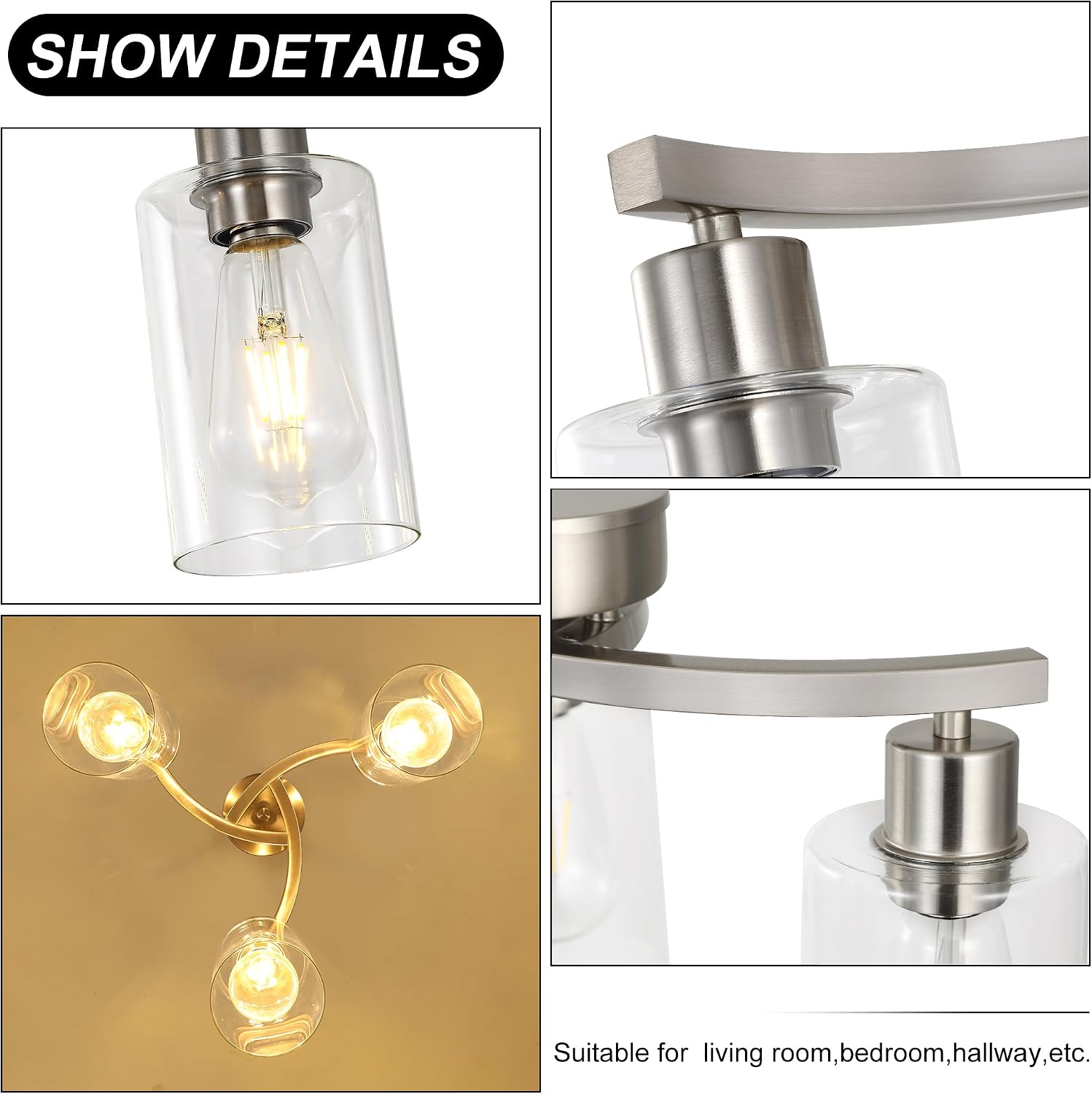 3-Light Brushed Nickel Pendant Lighting for Kitchen Island, Hanging Dining Room Light Fixtures Over Table, Industrial Chandelier for Entryway Hallway Foyer Bedroom, Clear Glass Shade