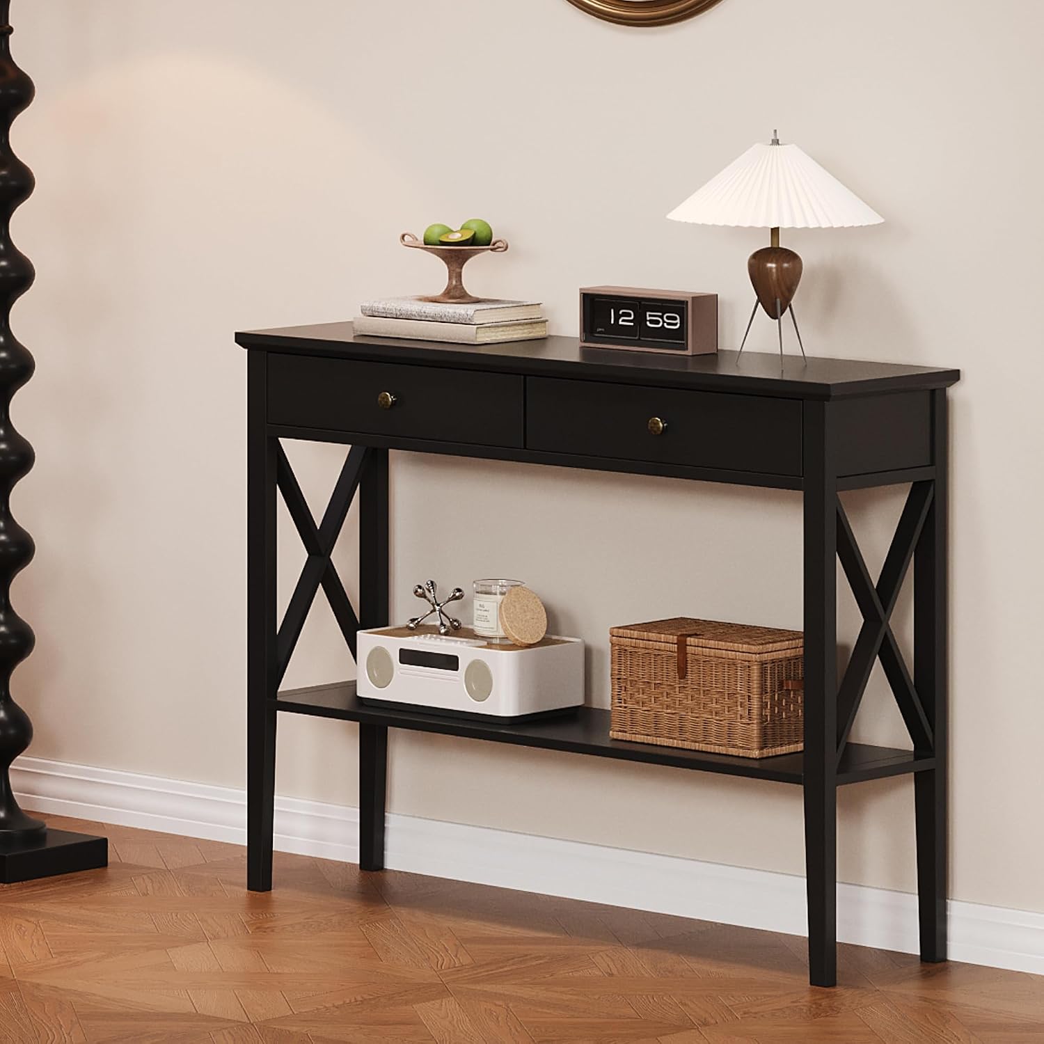 Entryway Table with Drawers and Storage Shelf