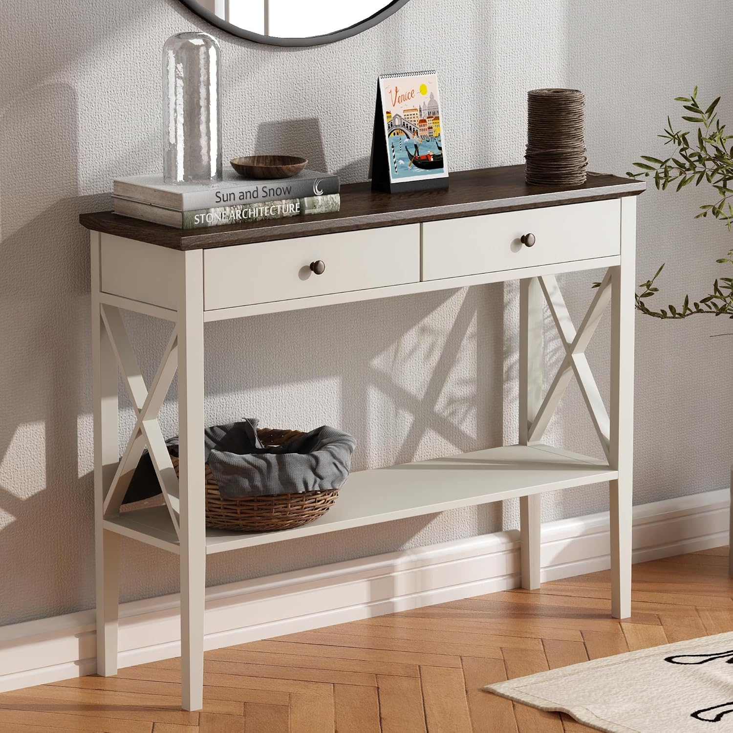 Entryway Table with Drawers and Storage Shelf