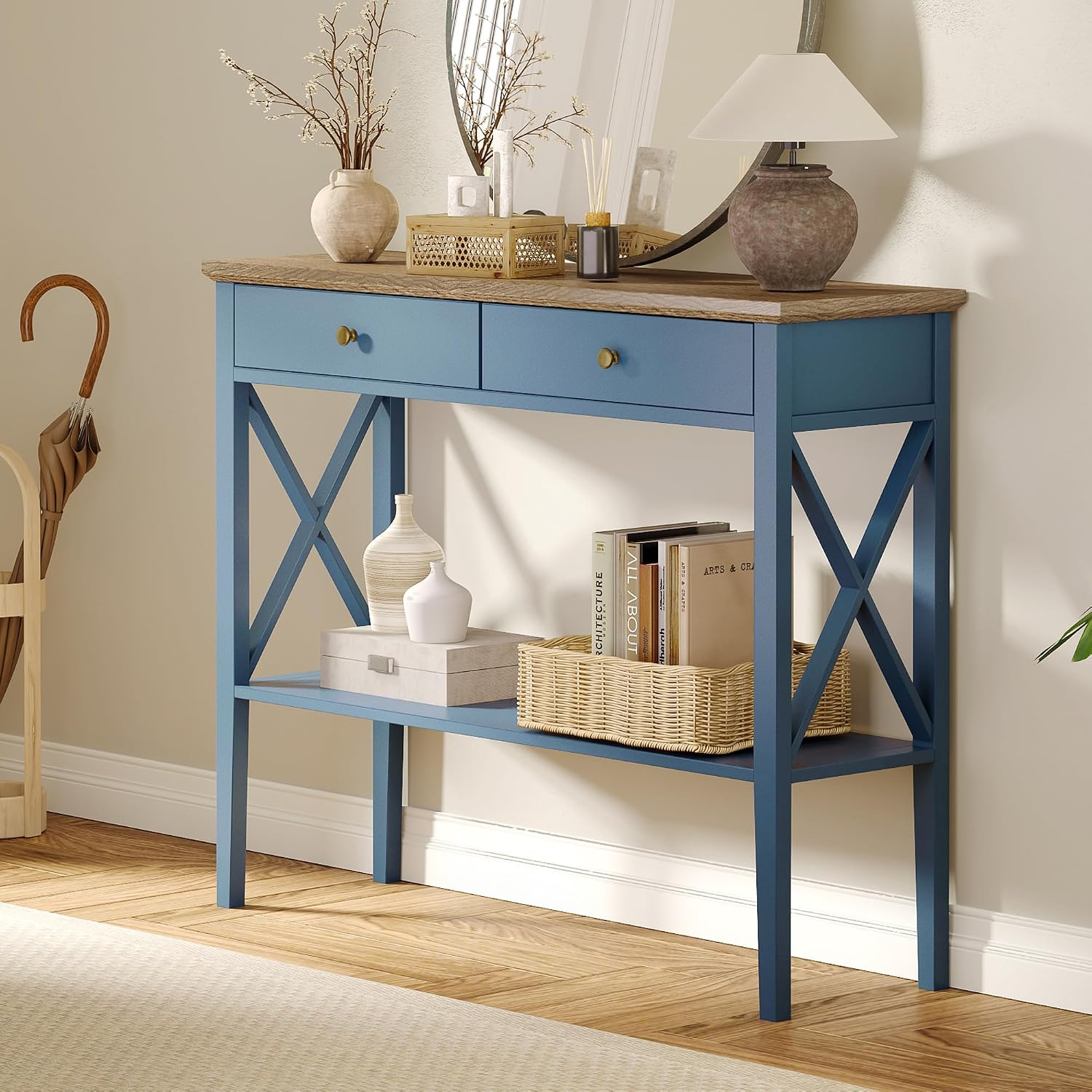 Entryway Table with Drawers and Storage Shelf