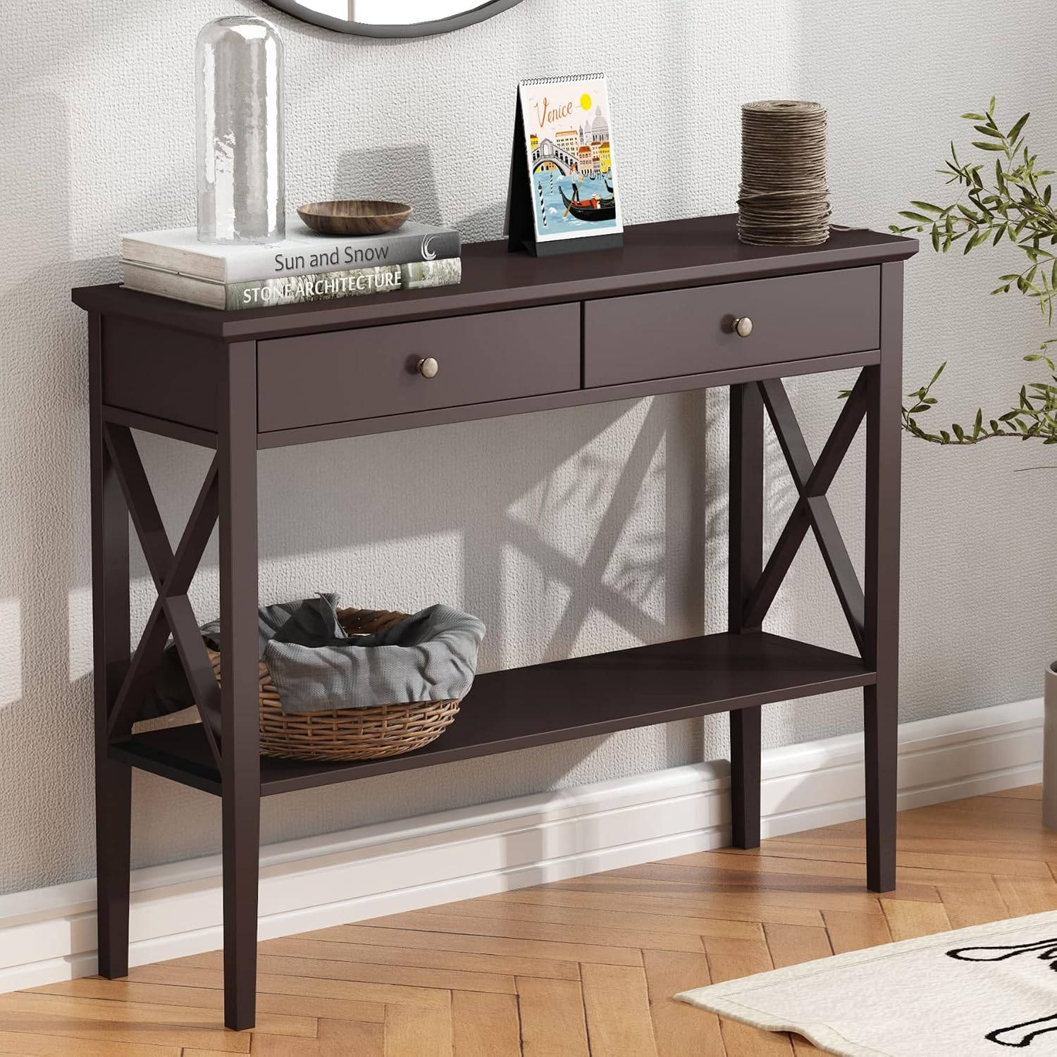 Entryway Table with Drawers and Storage Shelf