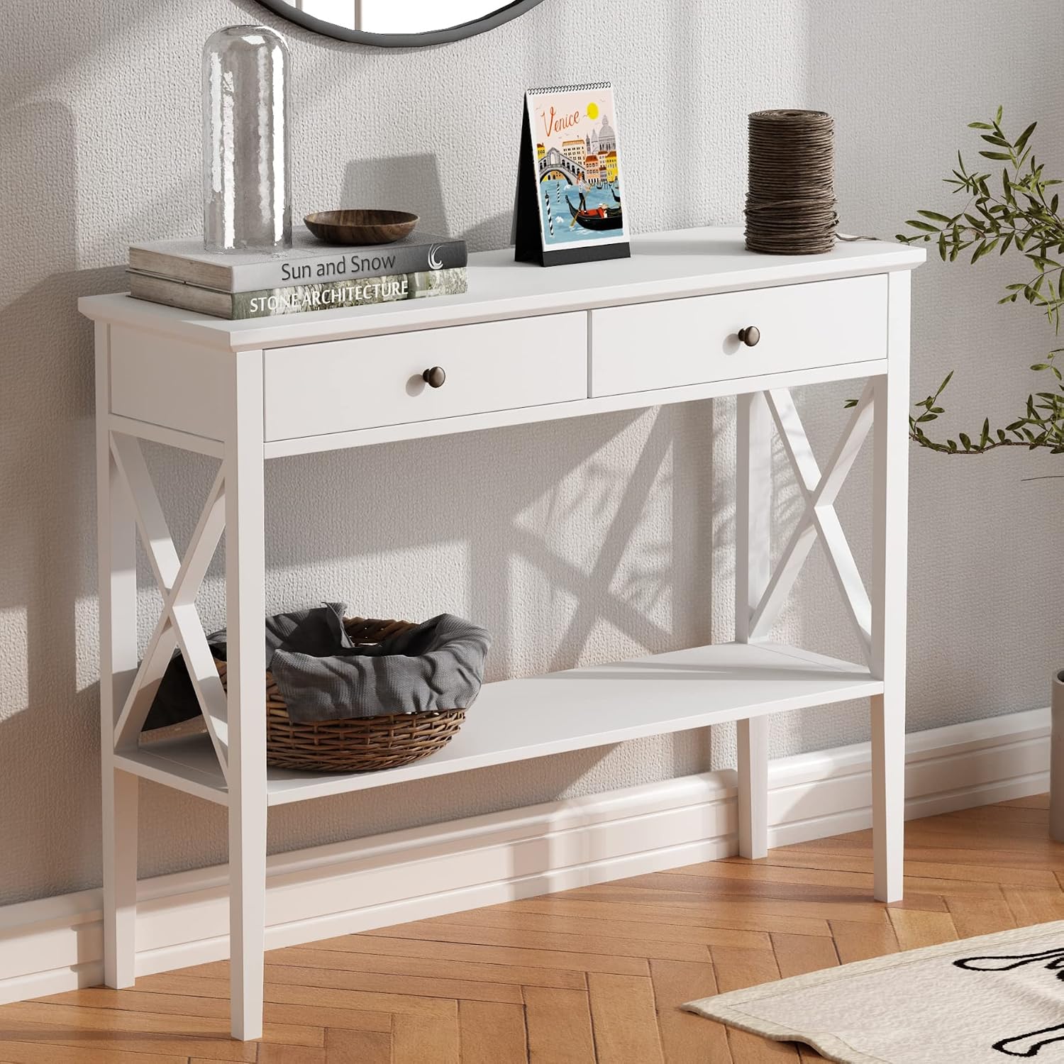 Entryway Table with Drawers and Storage Shelf